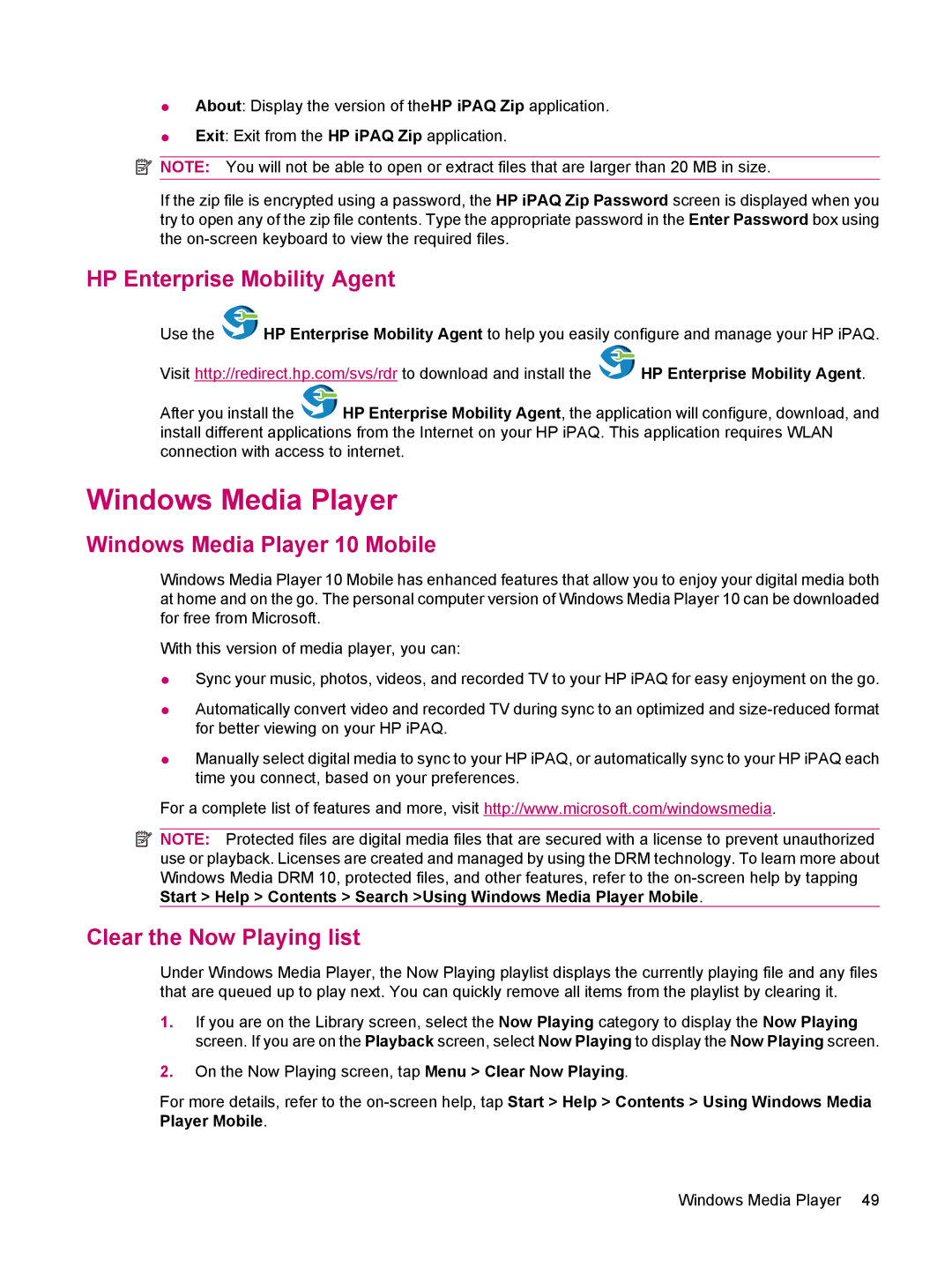 HP 114 Classic Handheld manual HP Enterprise Mobility Agent, Windows Media Player 10 Mobile, Clear the Now Playing list 