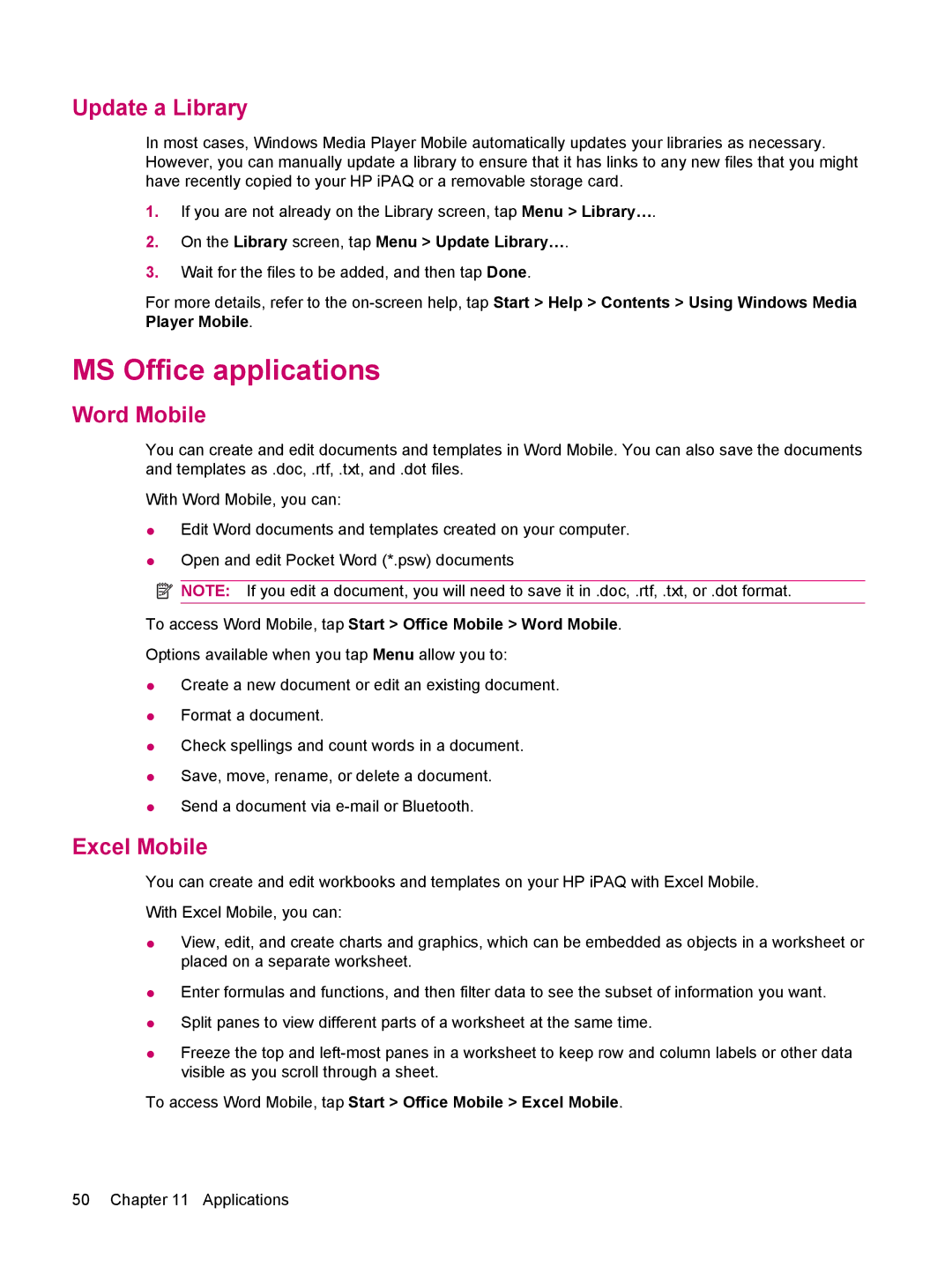 HP 114 Classic Handheld manual MS Office applications, Update a Library, Word Mobile, Excel Mobile 