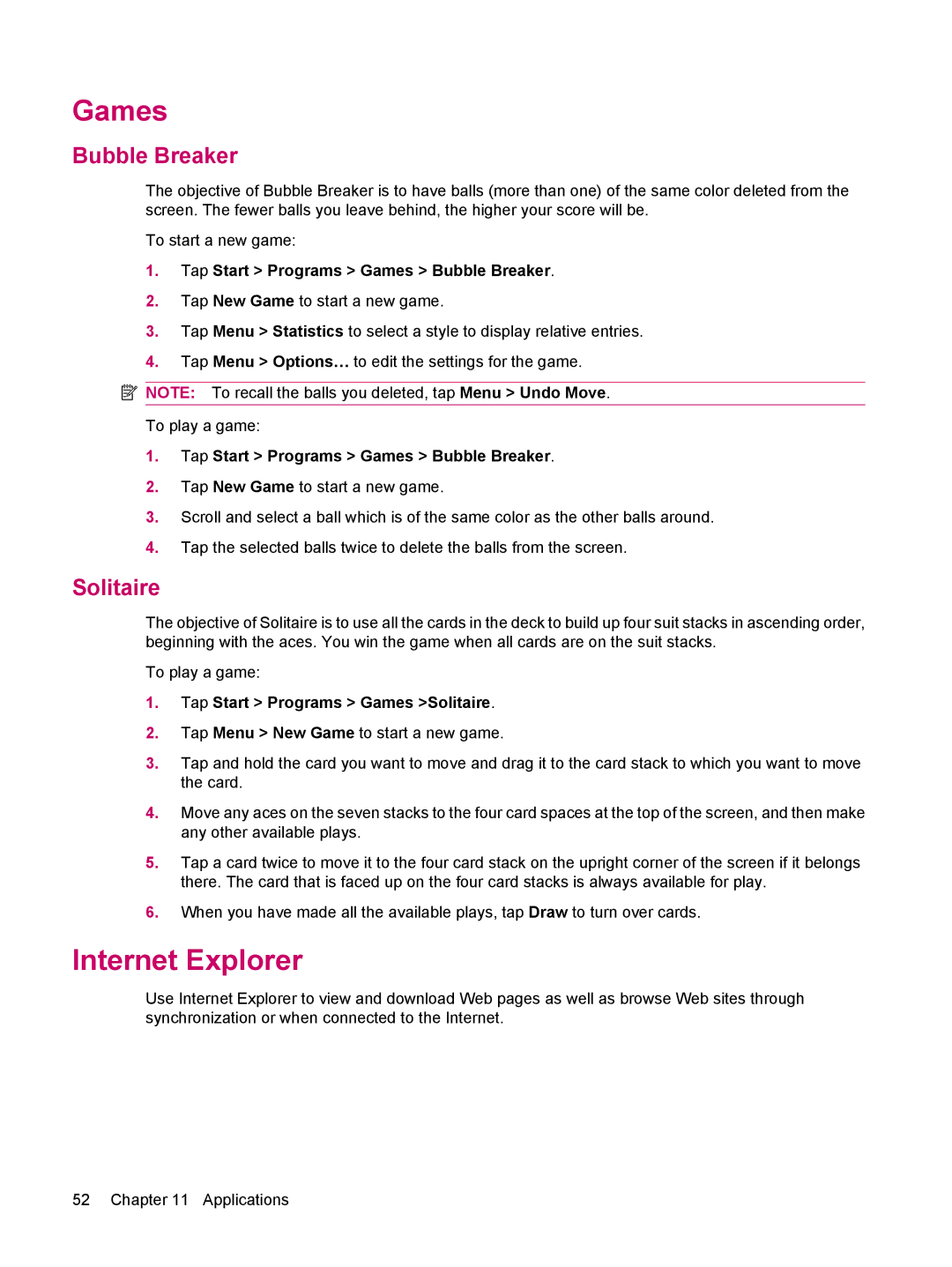 HP 114 Classic Handheld manual Games, Internet Explorer, Bubble Breaker, Solitaire 