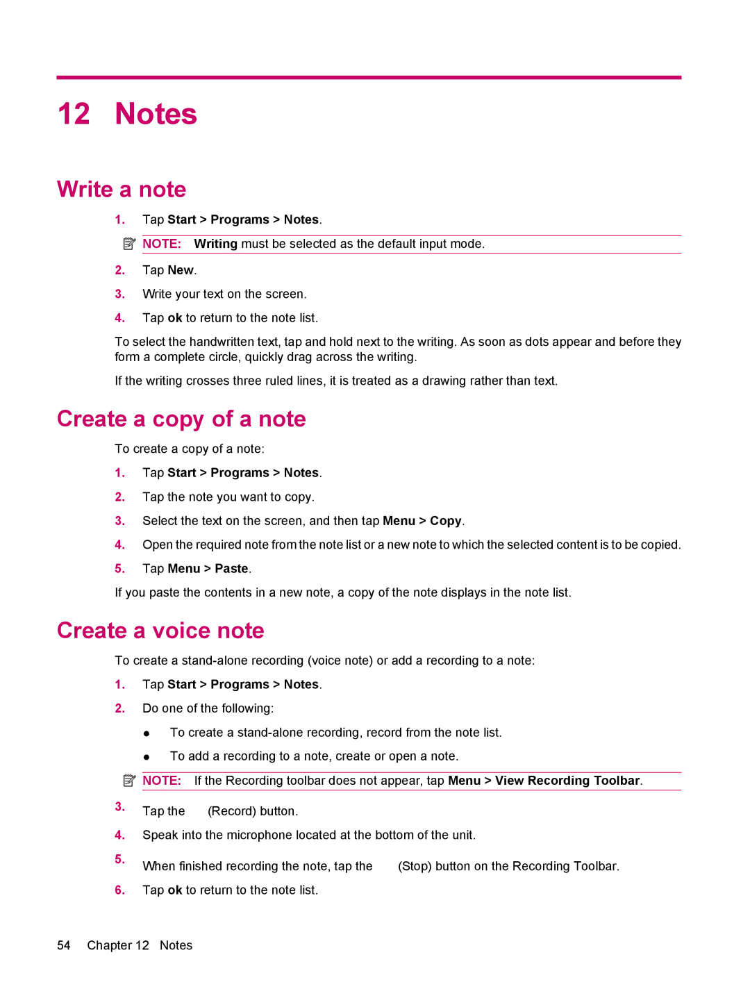 HP 114 Classic Handheld manual Write a note, Create a copy of a note, Create a voice note, Tap Start Programs Notes 