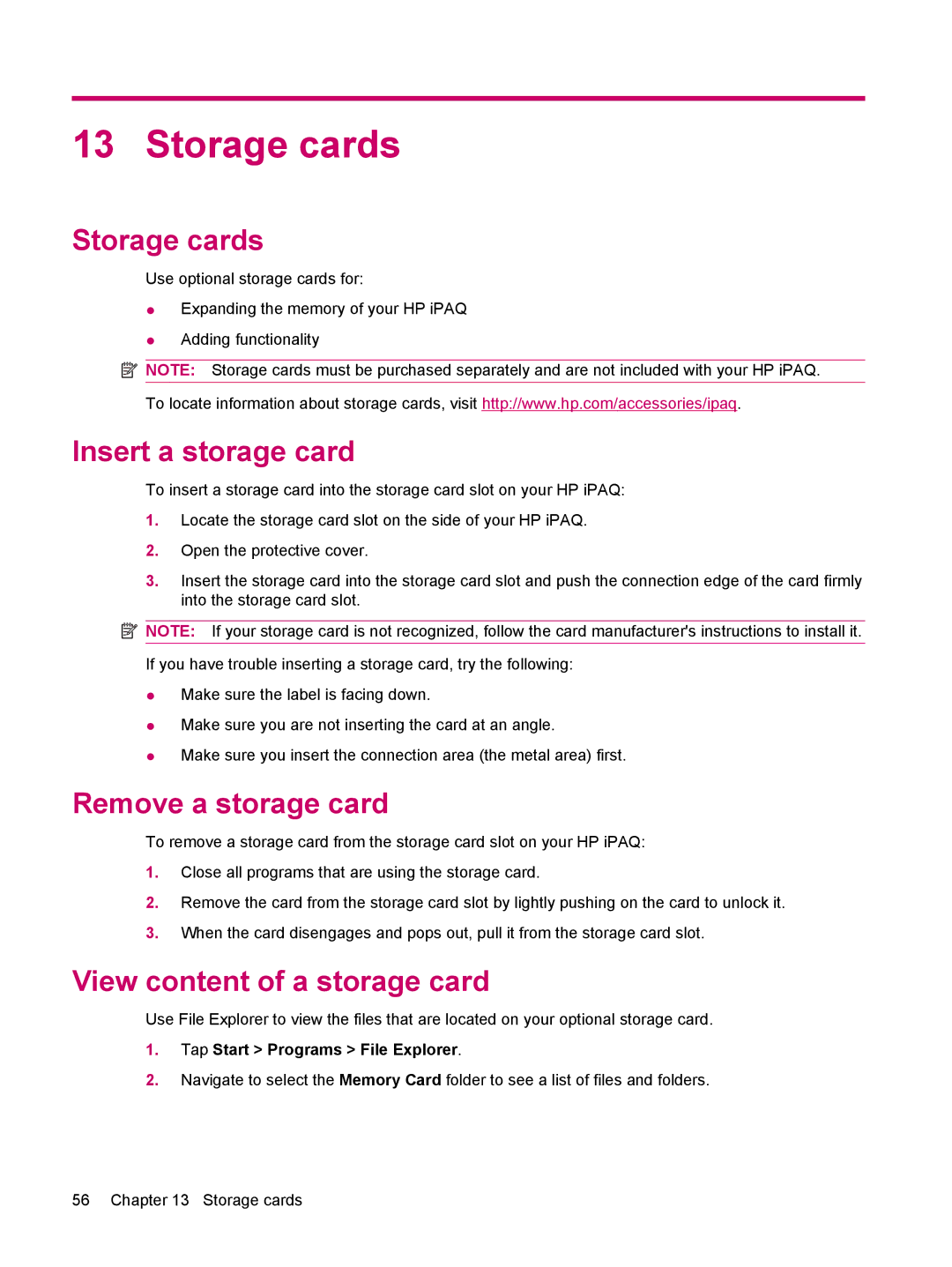 HP 114 Classic Handheld manual Storage cards, Insert a storage card, Remove a storage card, View content of a storage card 