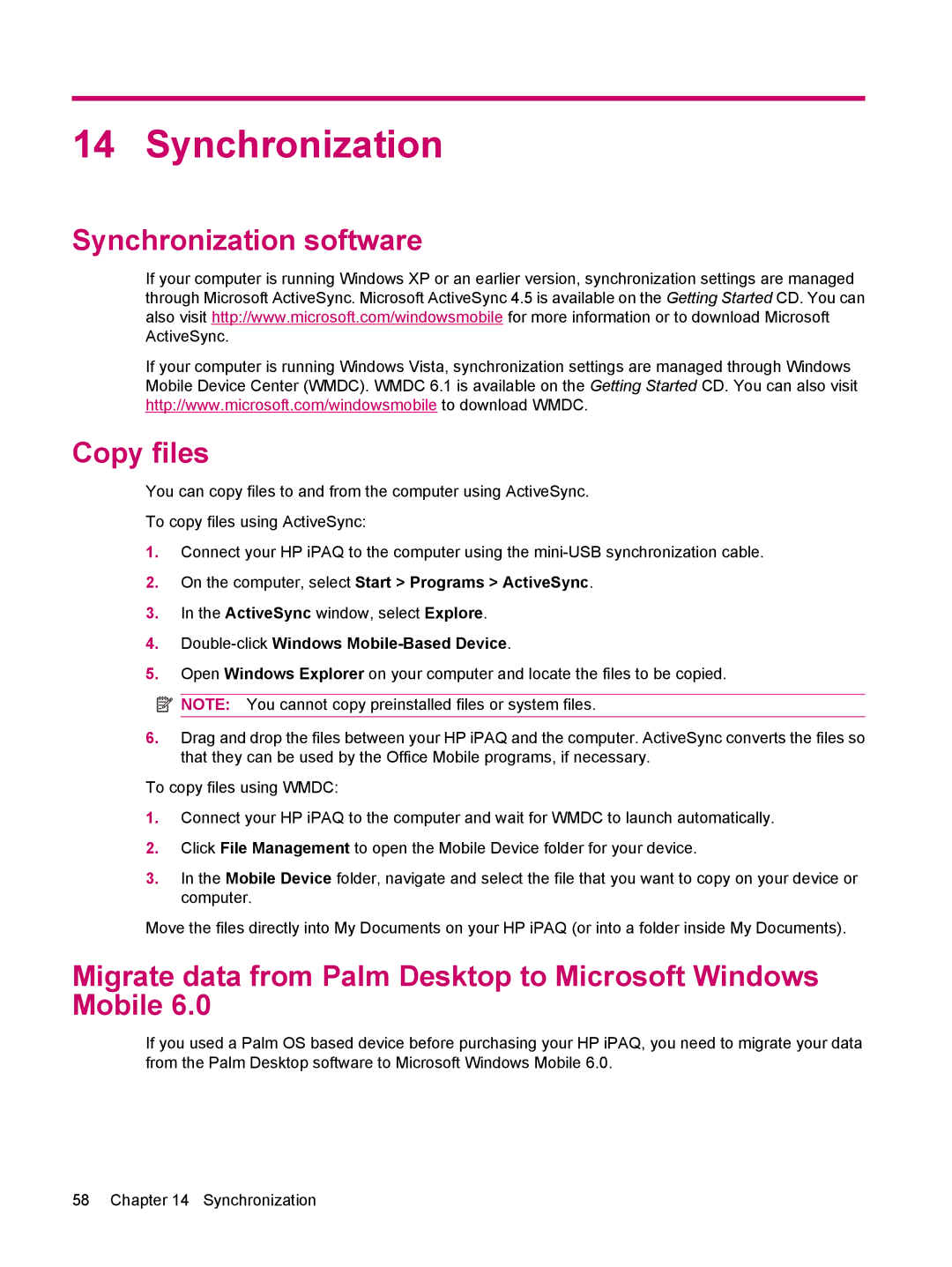 HP 114 Classic Handheld manual Synchronization software Copy files, On the computer, select Start Programs ActiveSync 