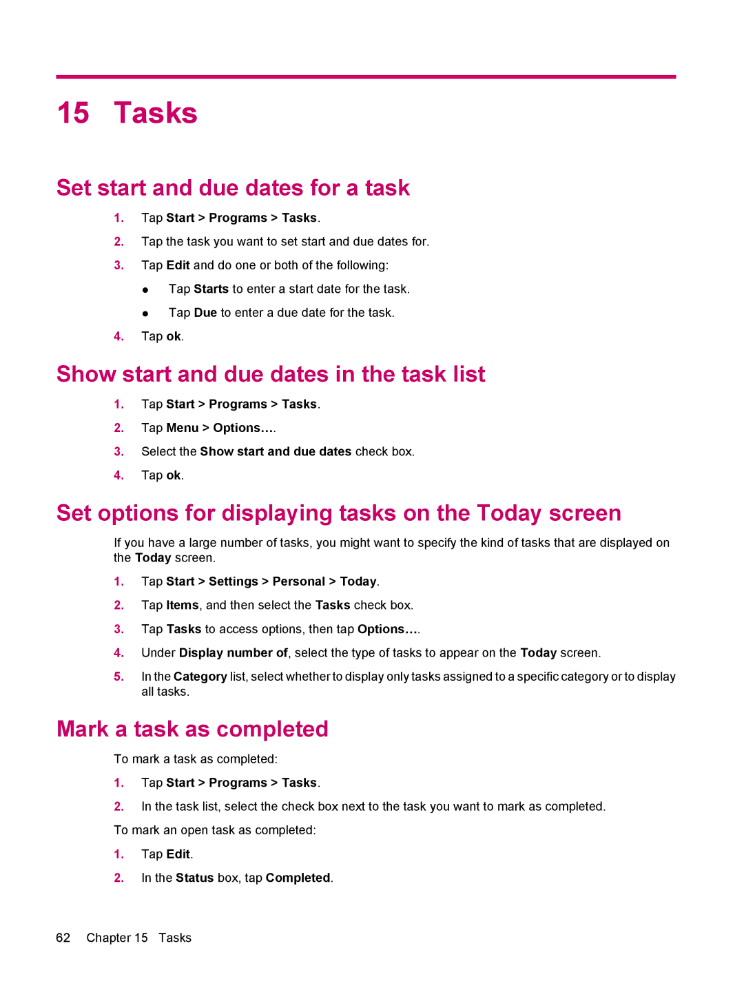 HP 114 Classic Handheld manual Tasks, Set start and due dates for a task, Show start and due dates in the task list 