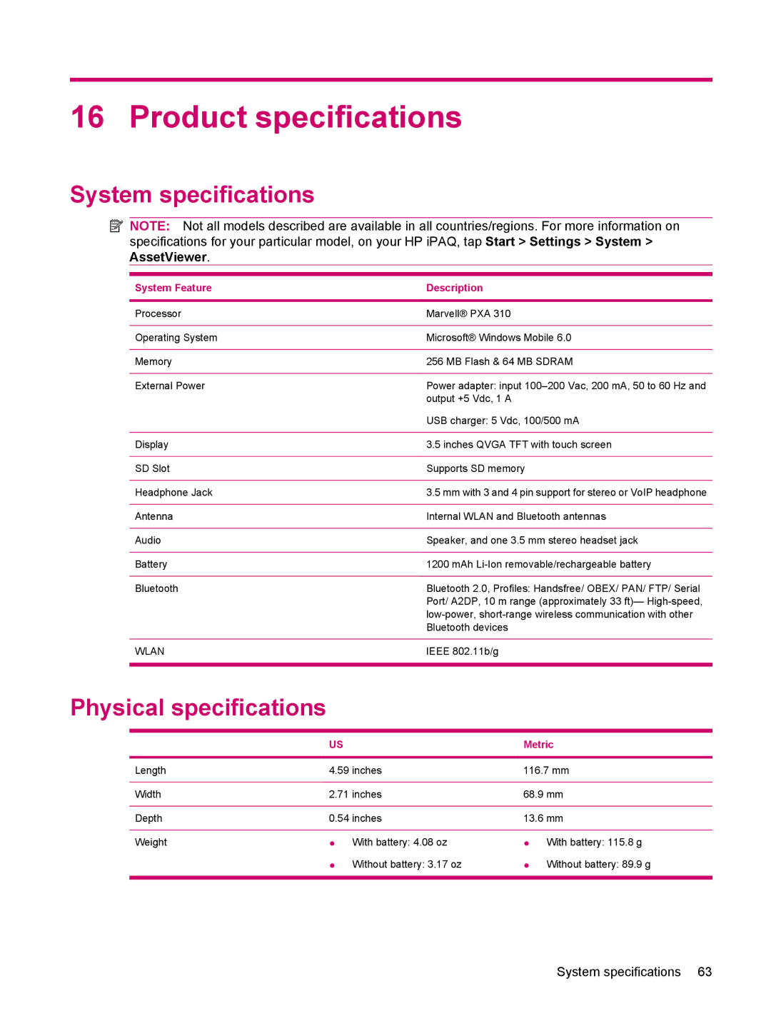 HP 114 Classic Handheld manual Product specifications, System specifications, Physical specifications 