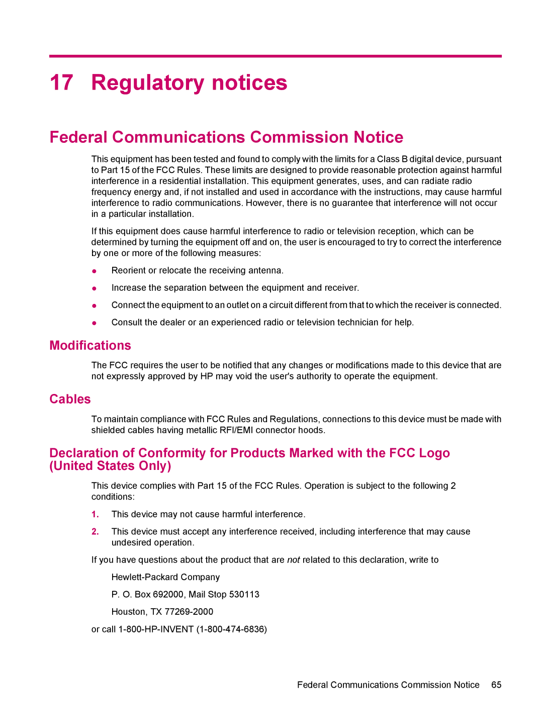 HP 114 Classic Handheld manual Regulatory notices, Federal Communications Commission Notice, Modifications, Cables 