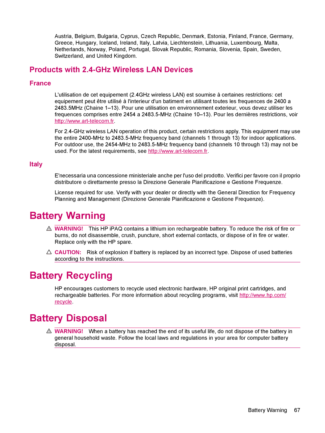 HP 114 Classic Handheld Battery Warning Battery Recycling Battery Disposal, Products with 2.4-GHz Wireless LAN Devices 