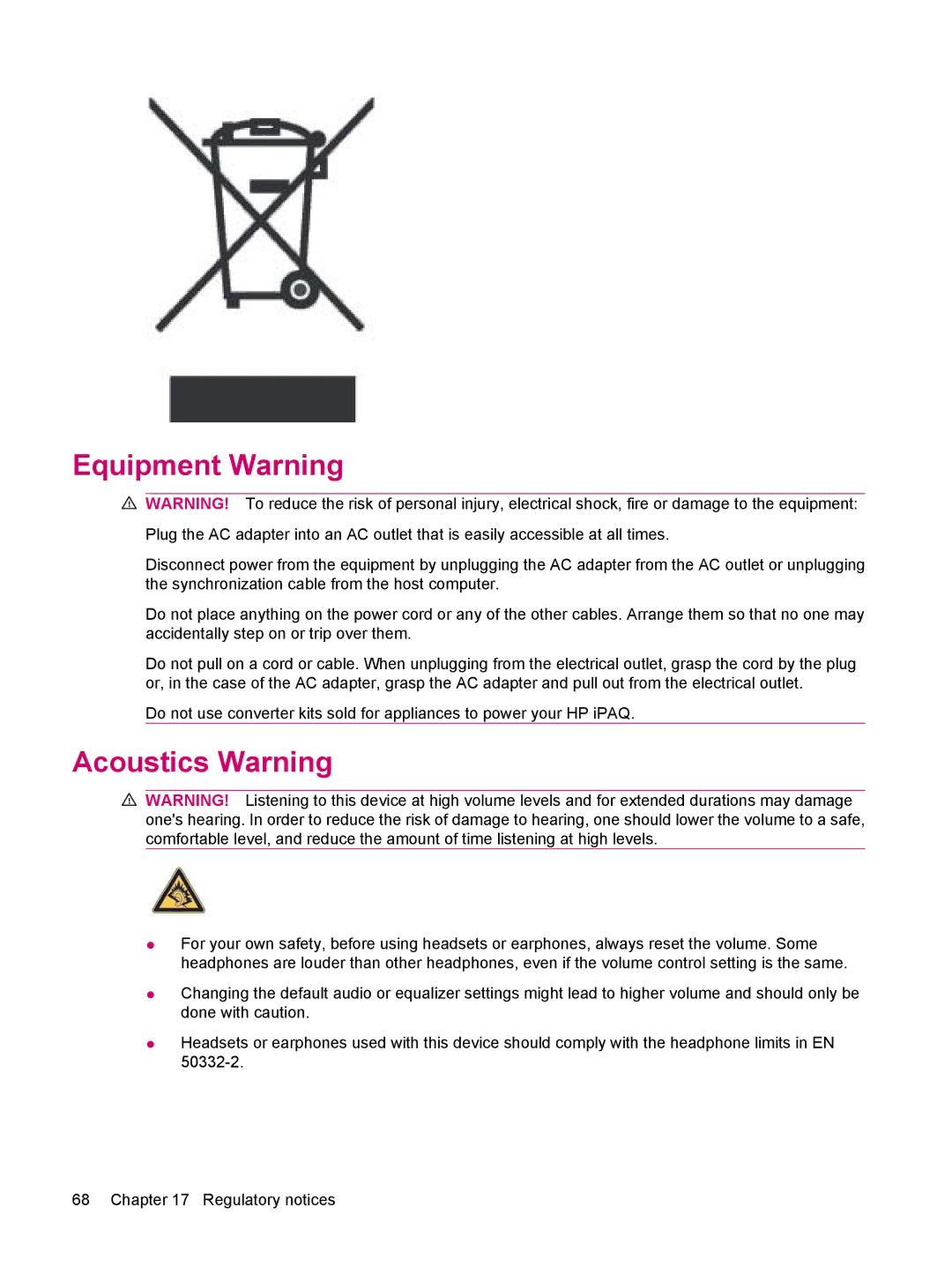 HP 114 Classic Handheld manual Equipment Warning, Acoustics Warning 