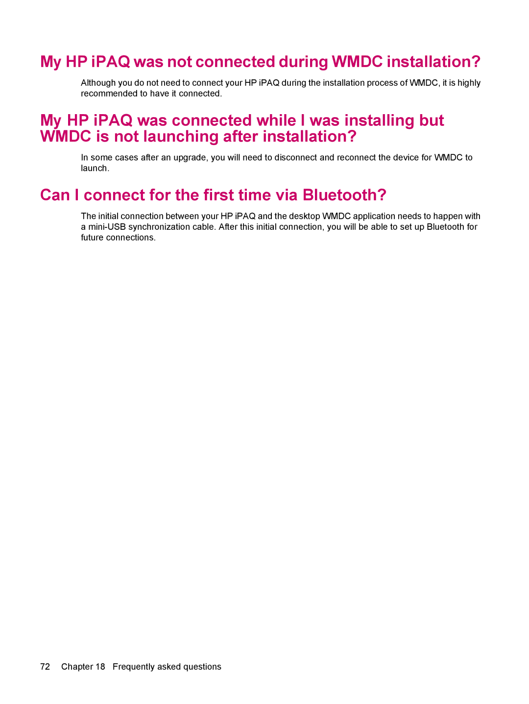 HP 114 Classic Handheld manual My HP iPAQ was not connected during Wmdc installation? 