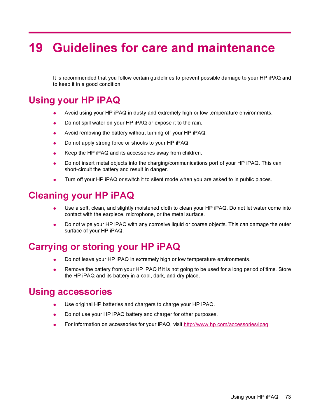 HP 114 Classic Handheld Guidelines for care and maintenance, Using your HP iPAQ, Cleaning your HP iPAQ, Using accessories 