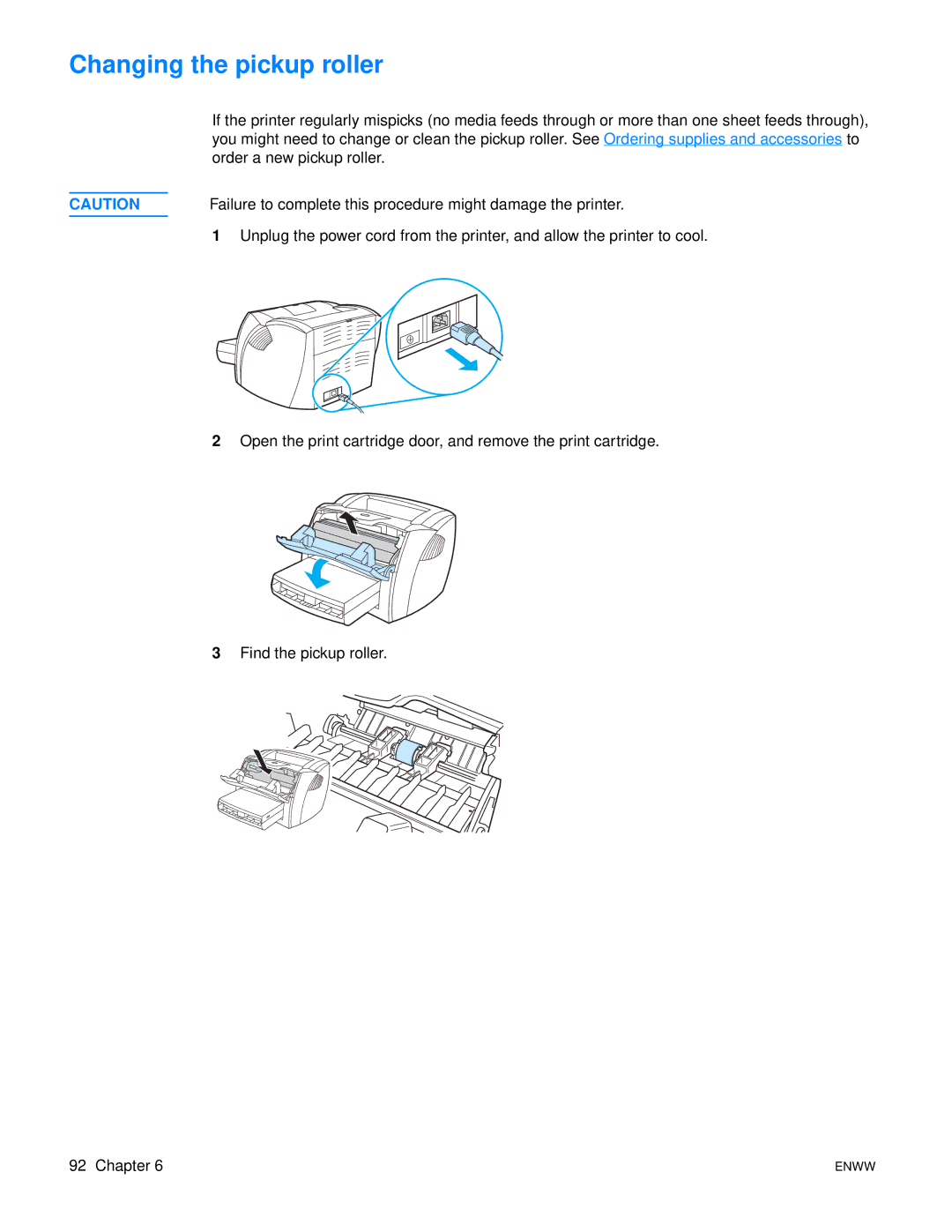 HP 1150 1300 1300n manual Changing the pickup roller, Failure to complete this procedure might damage the printer 