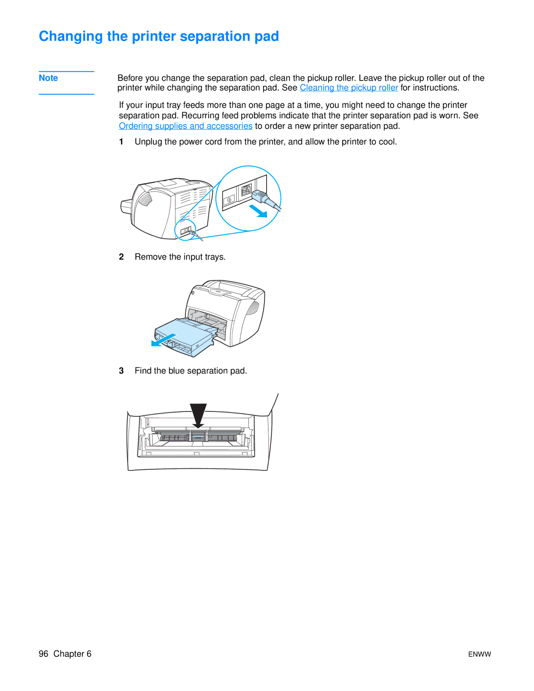 HP 1150 1300 1300n manual Changing the printer separation pad 