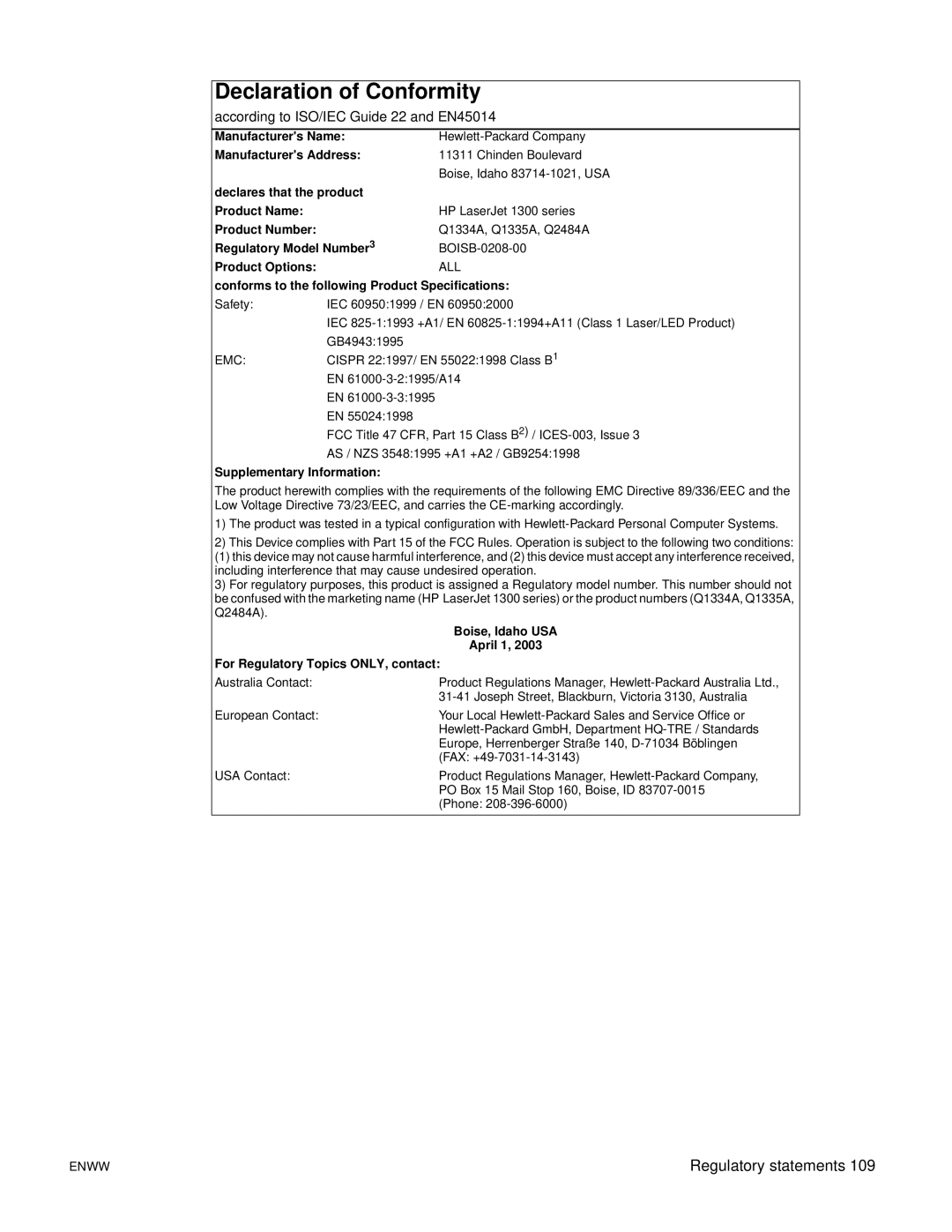 HP 1150 1300 1300n manual Regulatory statements 