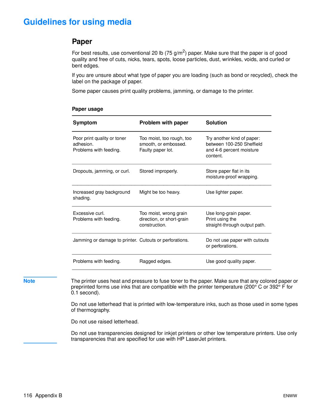 HP 1150 1300 1300n manual Guidelines for using media, Paper usage Symptom Problem with paper Solution 