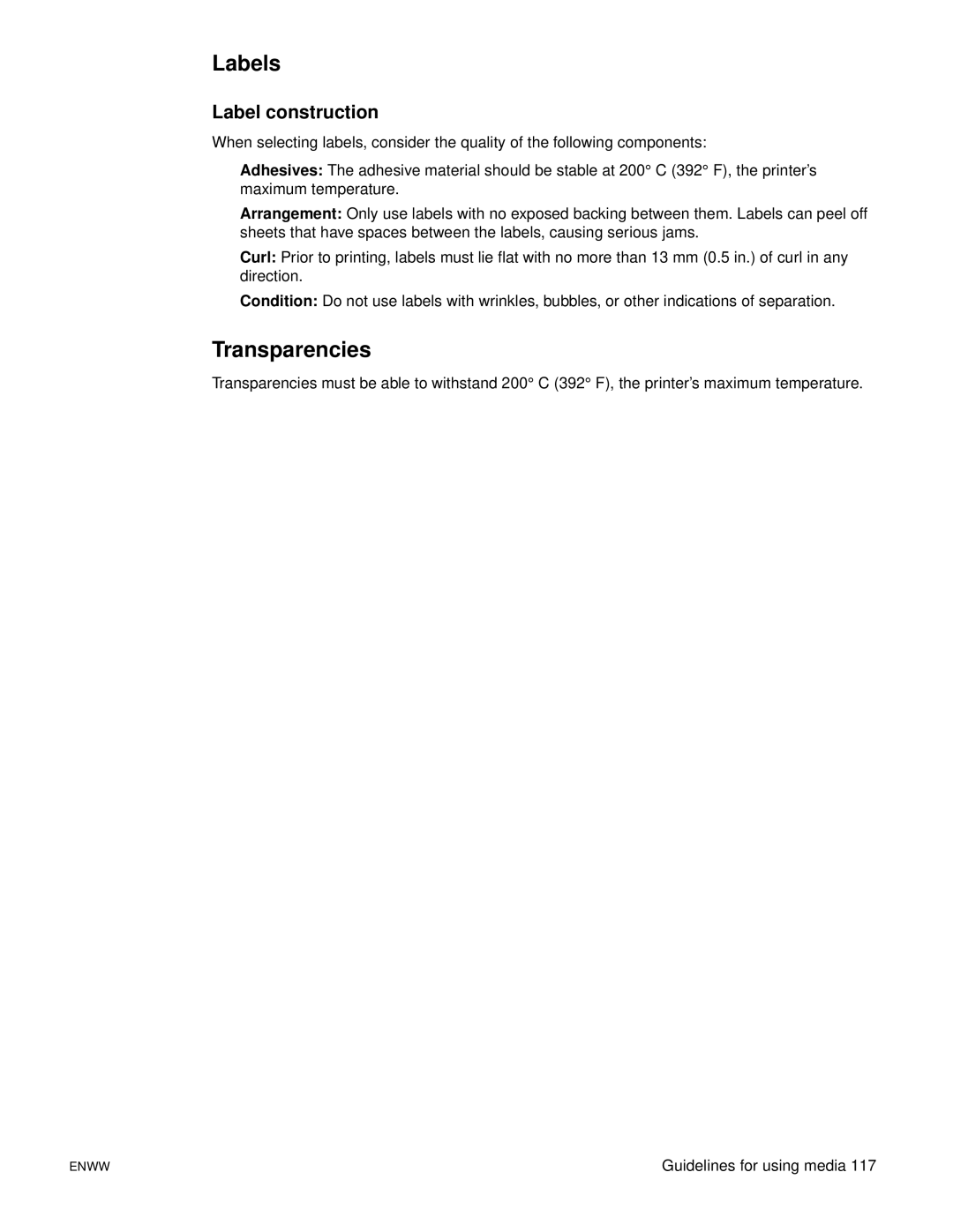 HP 1150 1300 1300n manual Labels, Transparencies, Label construction 