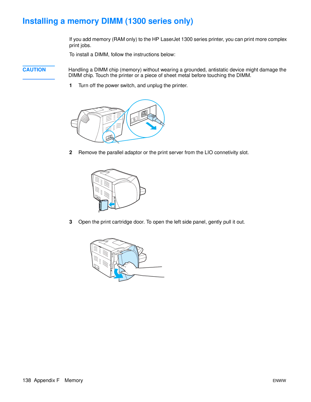 HP 1150 1300 1300n manual Installing a memory Dimm 1300 series only 