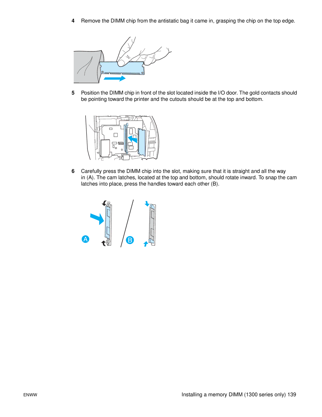 HP 1150 1300 1300n manual Installing a memory Dimm 1300 series only 