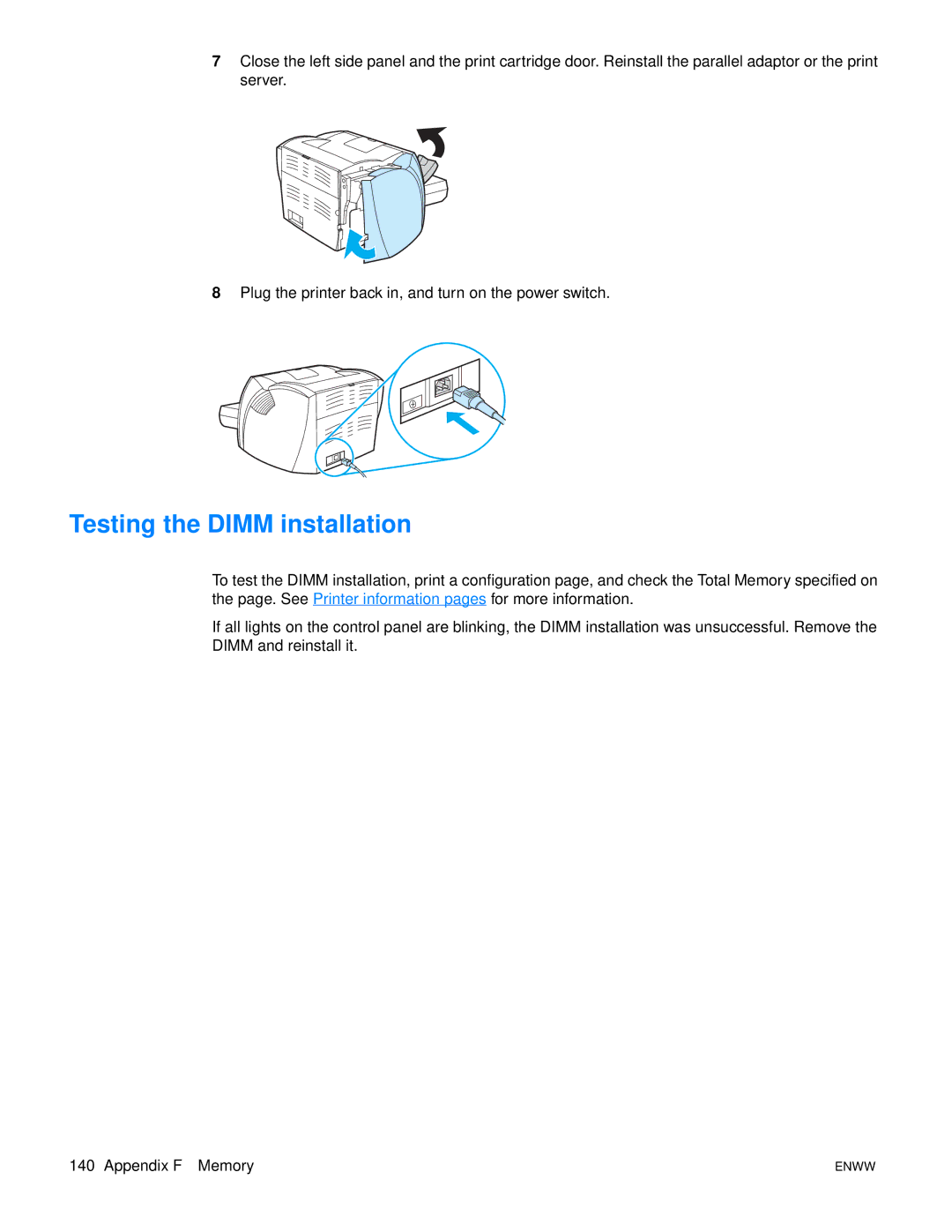 HP 1150 1300 1300n manual Testing the Dimm installation 