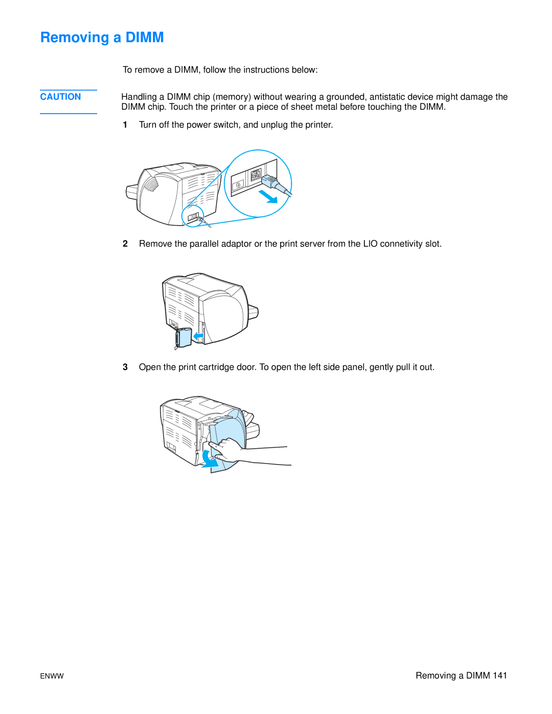 HP 1150 1300 1300n manual Removing a Dimm 