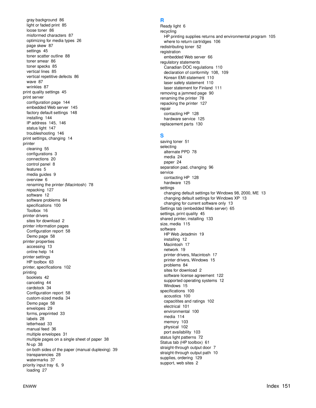 HP 1150 1300 1300n manual Index 