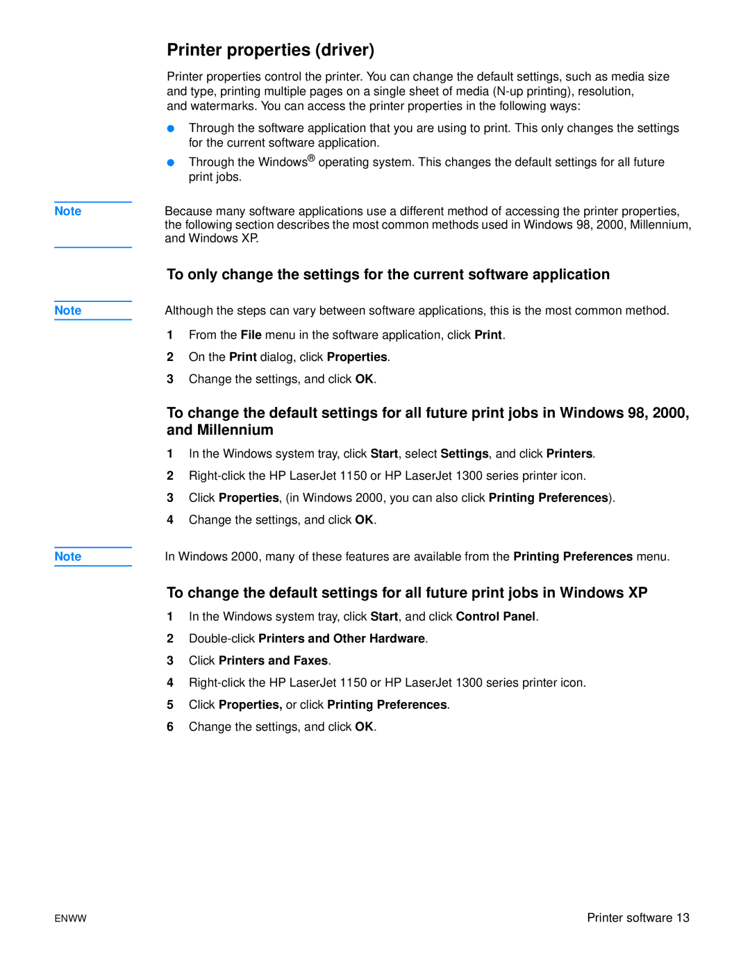 HP 1150 1300 1300n manual Printer properties driver, Click Properties, or click Printing Preferences 