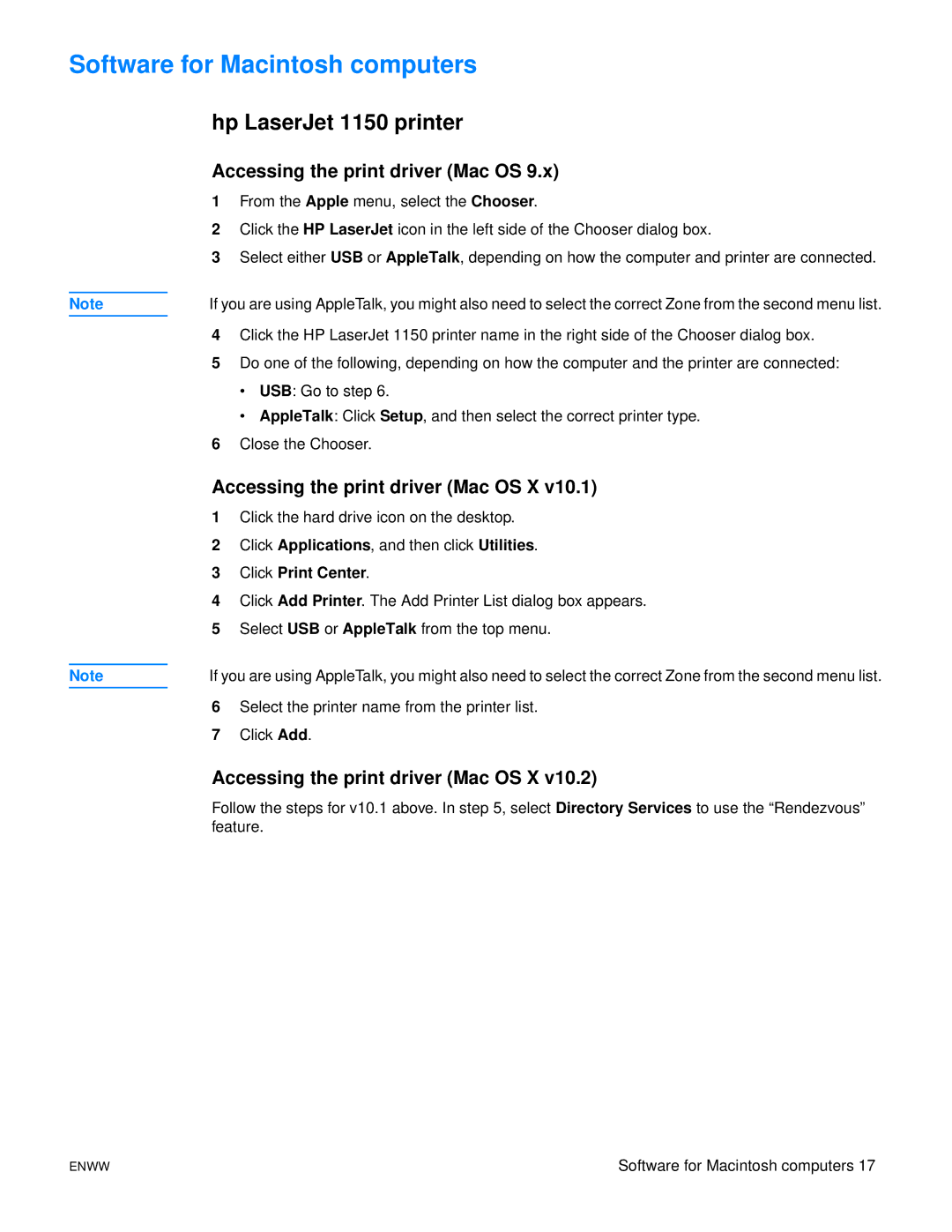 HP 1150 1300 1300n manual Software for Macintosh computers, Hp LaserJet 1150 printer, Accessing the print driver Mac OS 