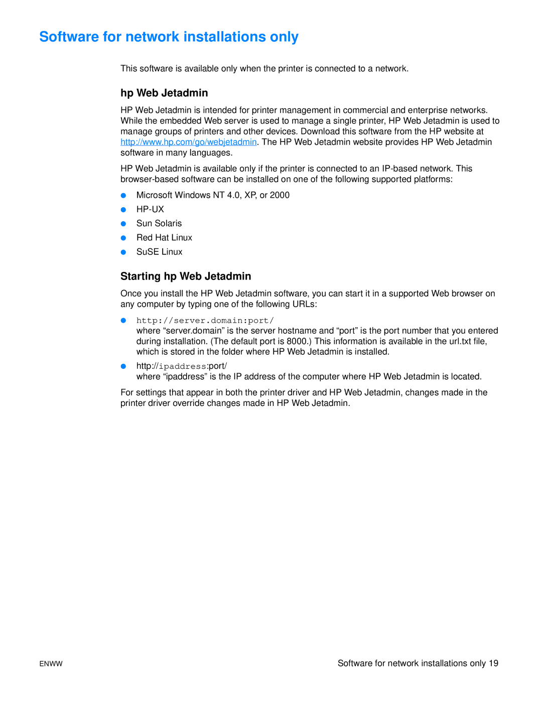 HP 1150 1300 1300n manual Software for network installations only, Hp Web Jetadmin, Starting hp Web Jetadmin 