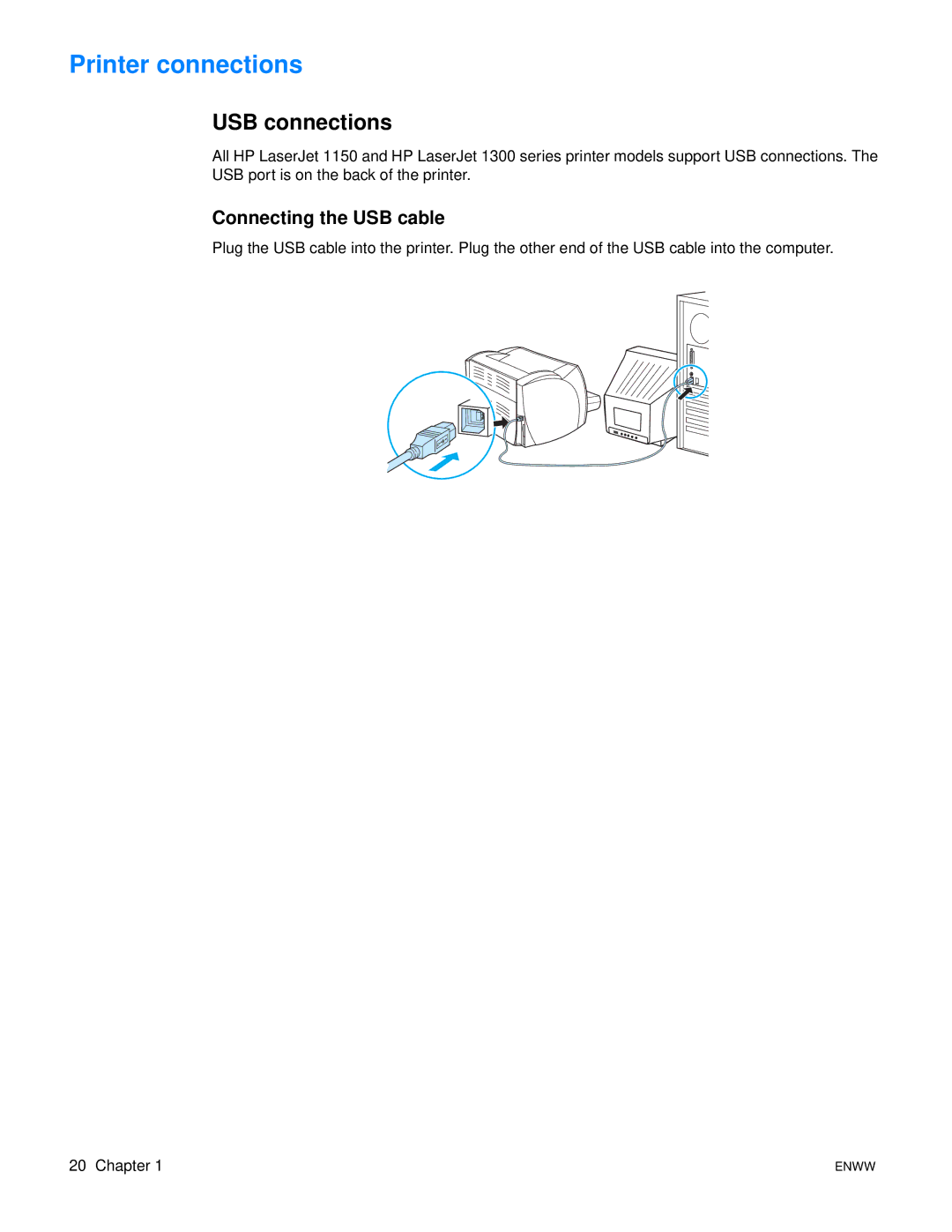 HP 1150 1300 1300n manual Printer connections, USB connections, Connecting the USB cable 