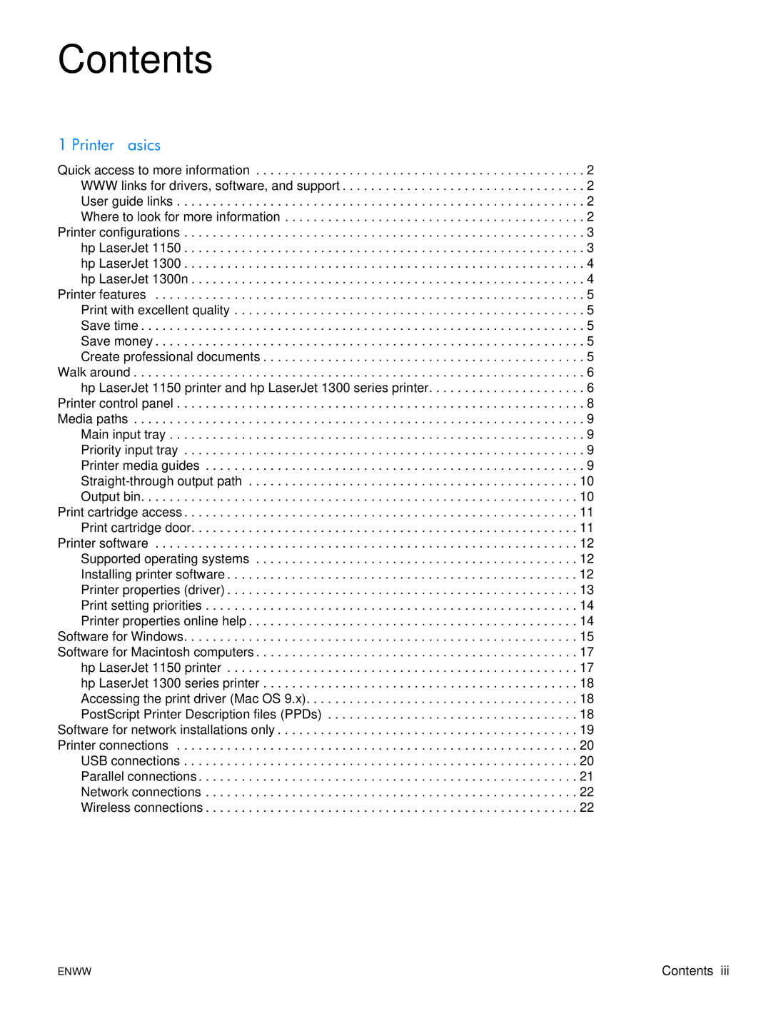 HP 1150 1300 1300n manual Contents 