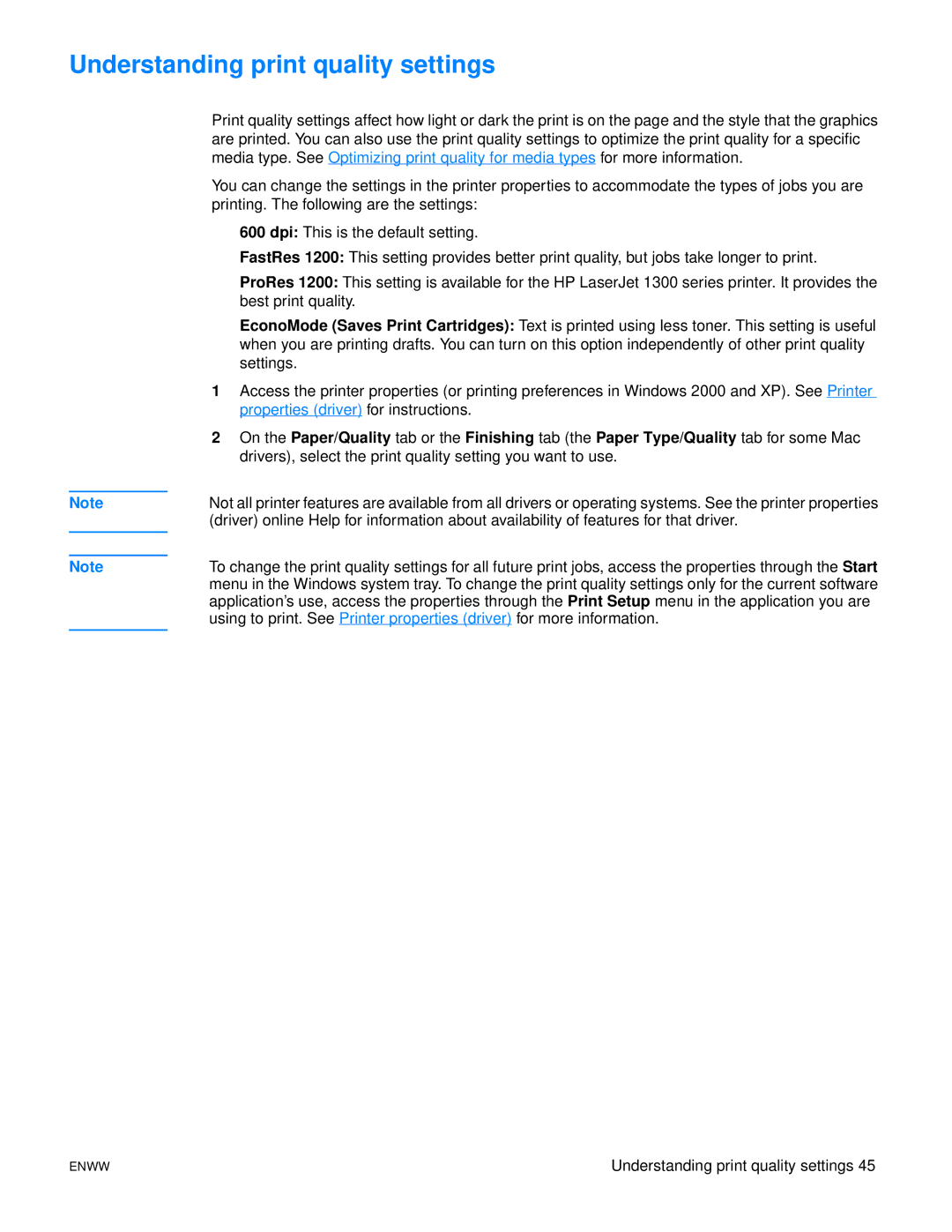 HP 1150 1300 1300n manual Understanding print quality settings 