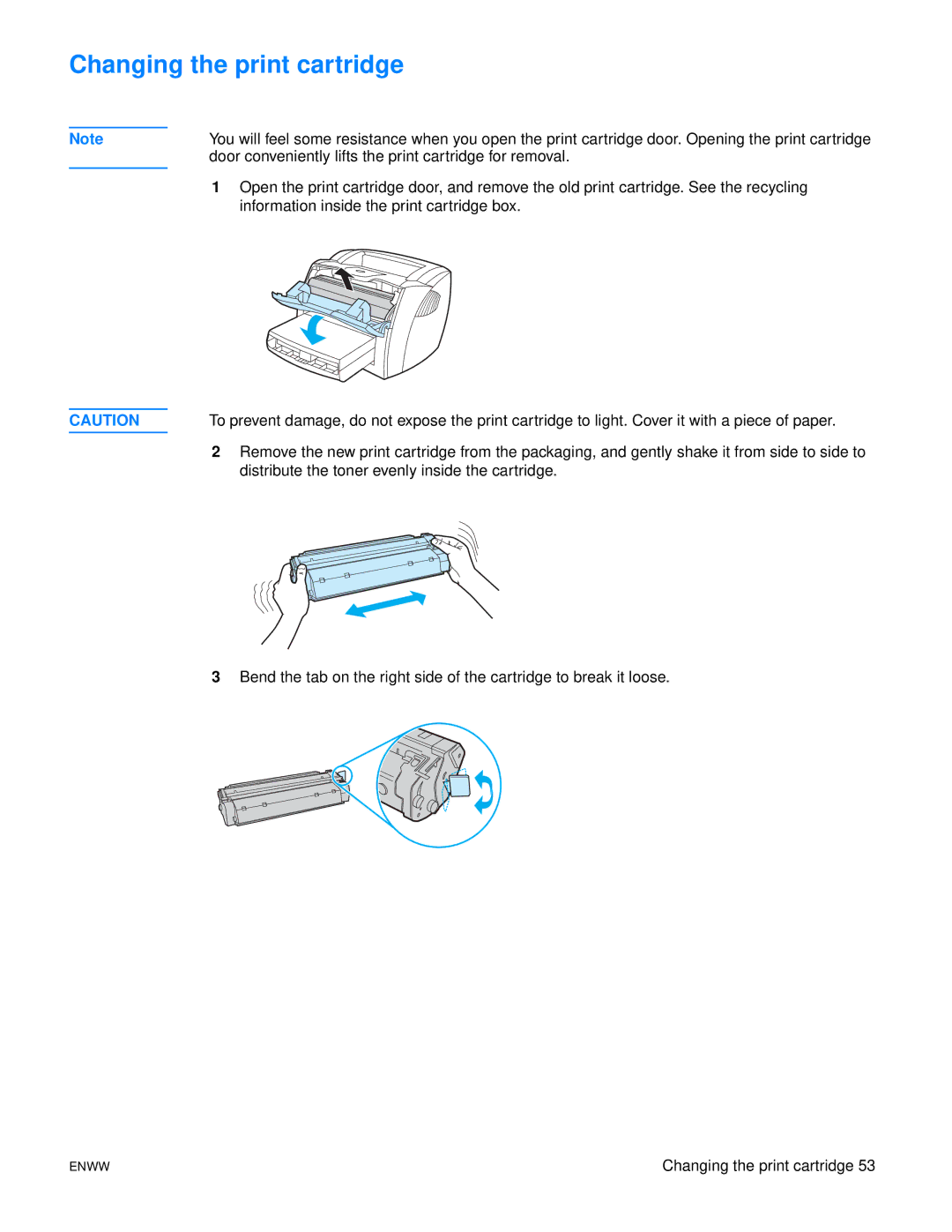 HP 1150 1300 1300n manual Changing the print cartridge 