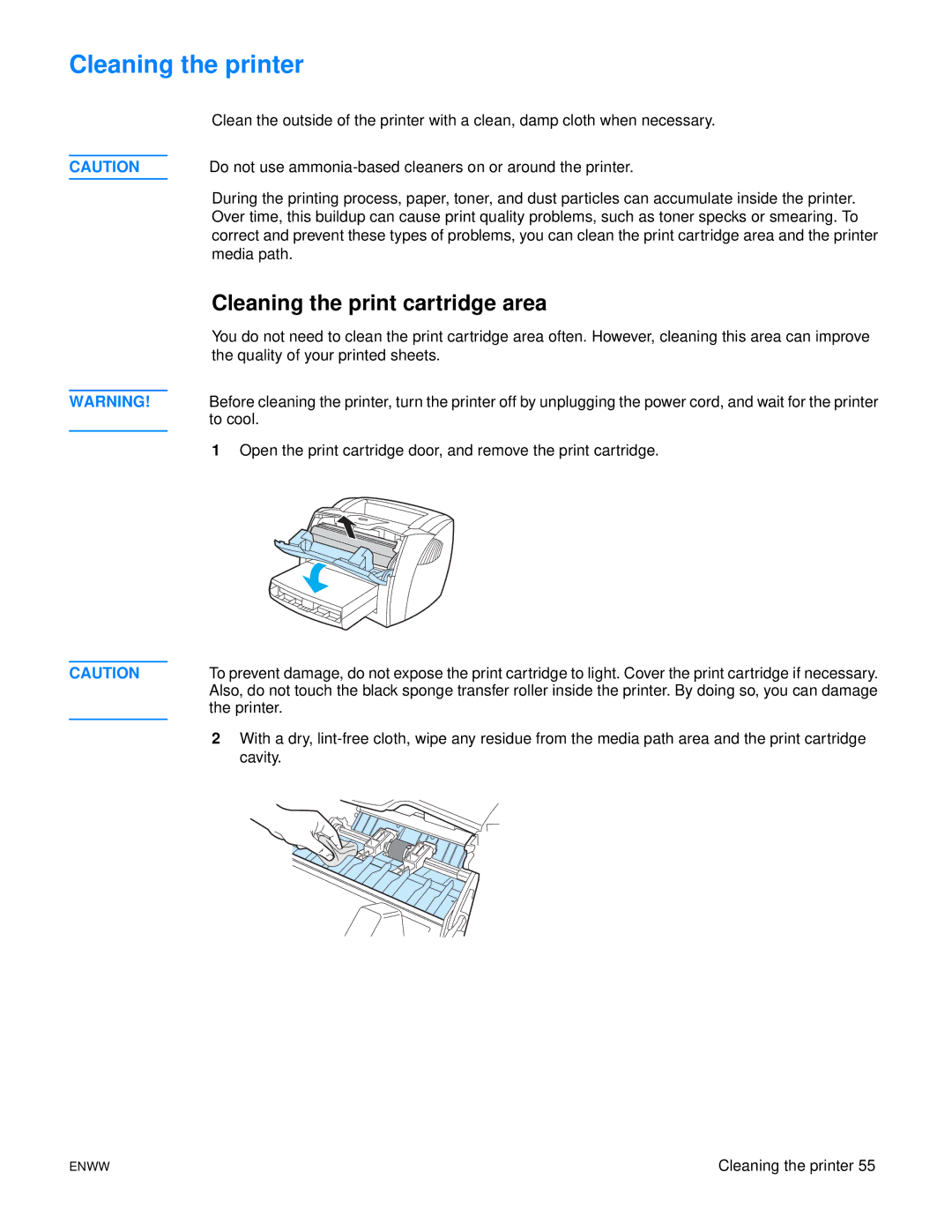 HP 1150 1300 1300n manual Cleaning the printer, Cleaning the print cartridge area 