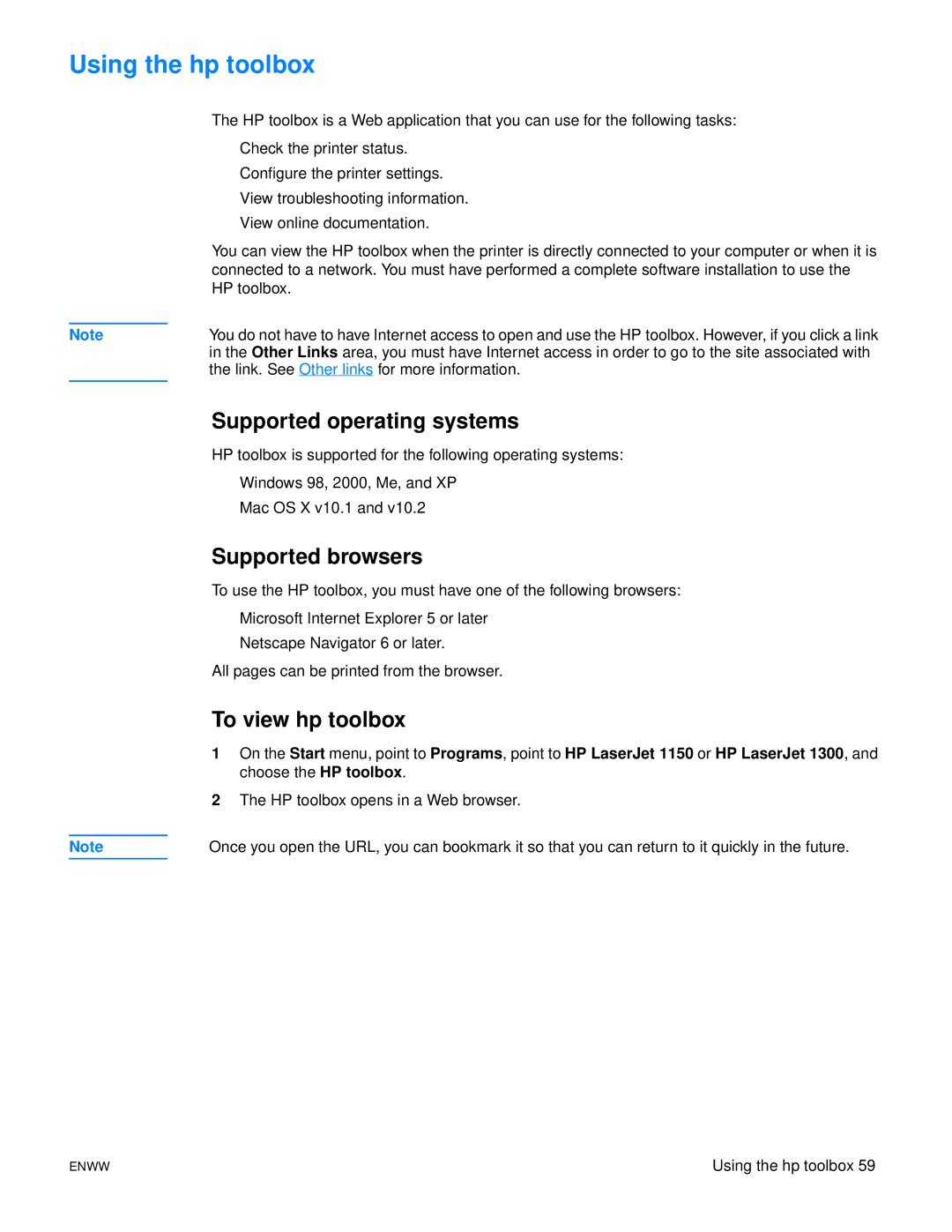 HP 1150 1300 1300n manual Using the hp toolbox, Supported browsers, To view hp toolbox 