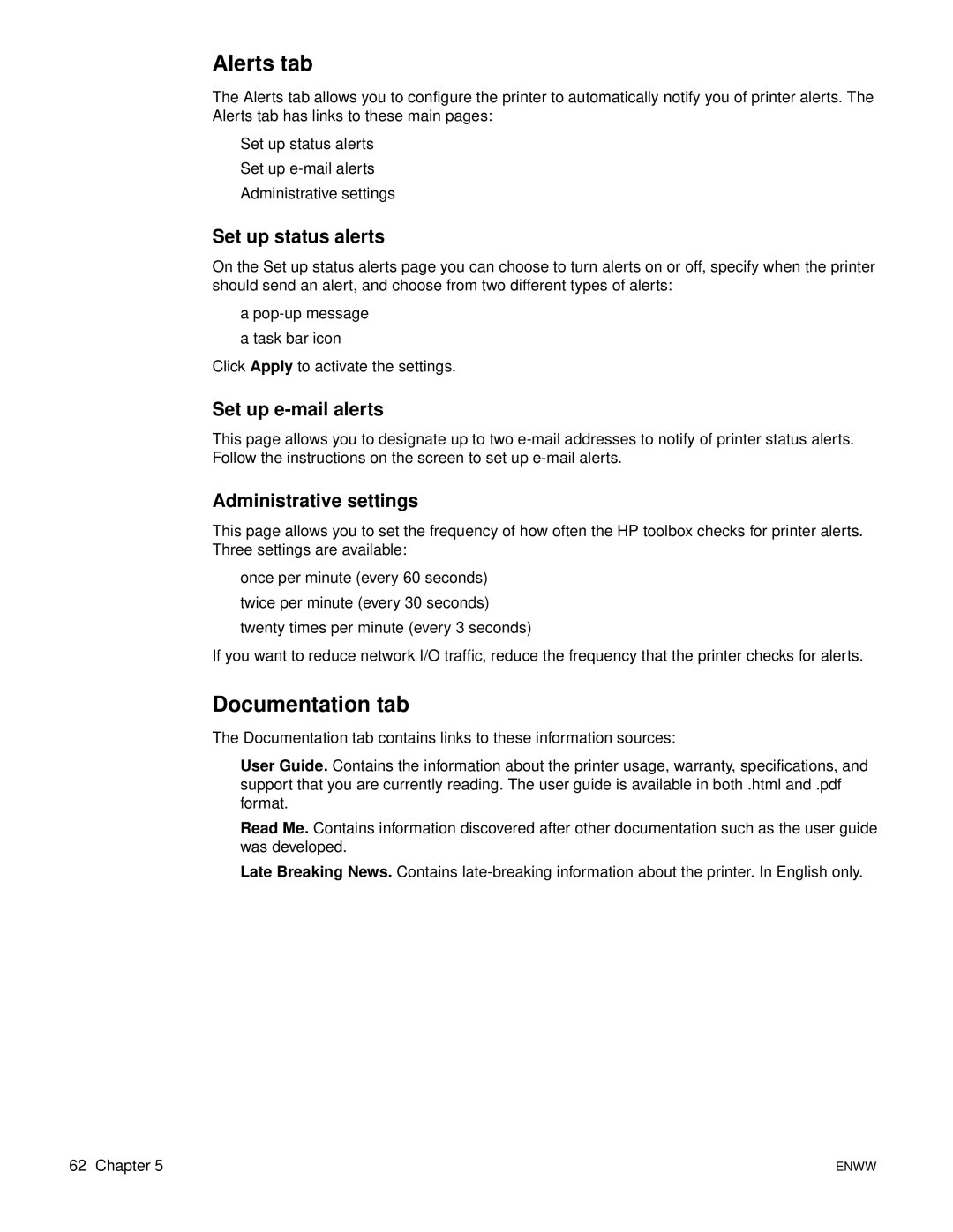 HP 1150 1300 1300n Alerts tab, Documentation tab, Set up status alerts, Set up e-mail alerts, Administrative settings 