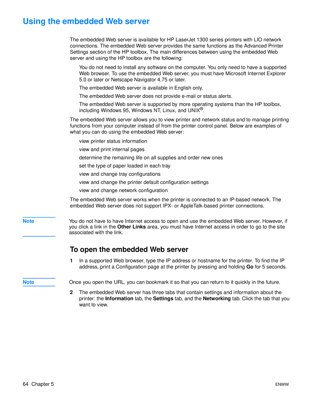 HP 1150 1300 1300n manual Using the embedded Web server, To open the embedded Web server 