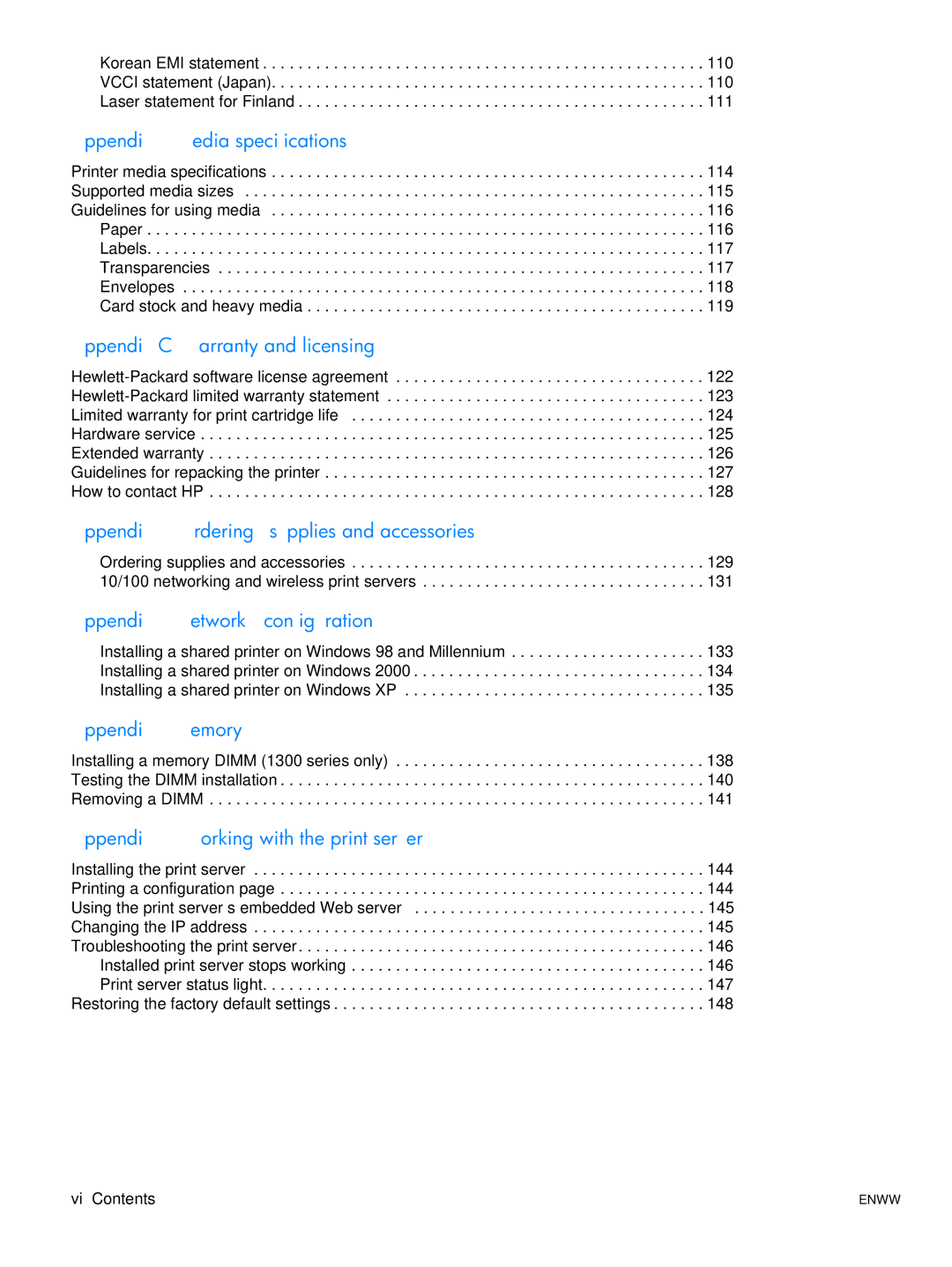 HP 1150 1300 1300n manual Appendix D Ordering supplies and accessories 