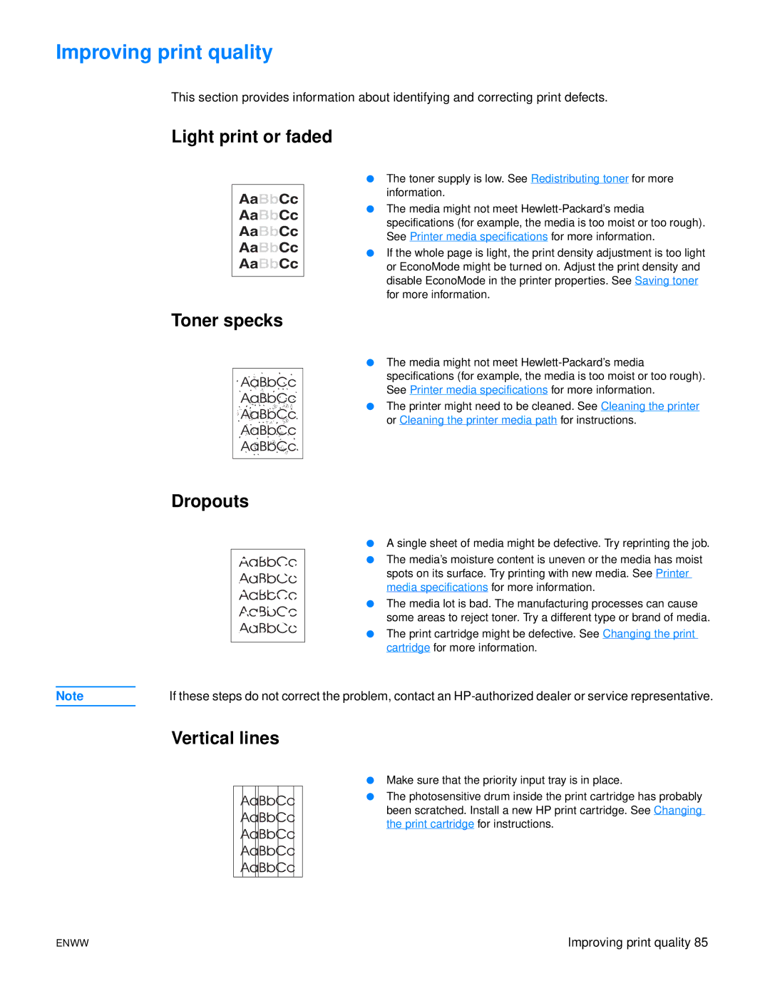 HP 1150 1300 1300n manual Improving print quality, Light print or faded, Toner specks, Dropouts, Vertical lines 