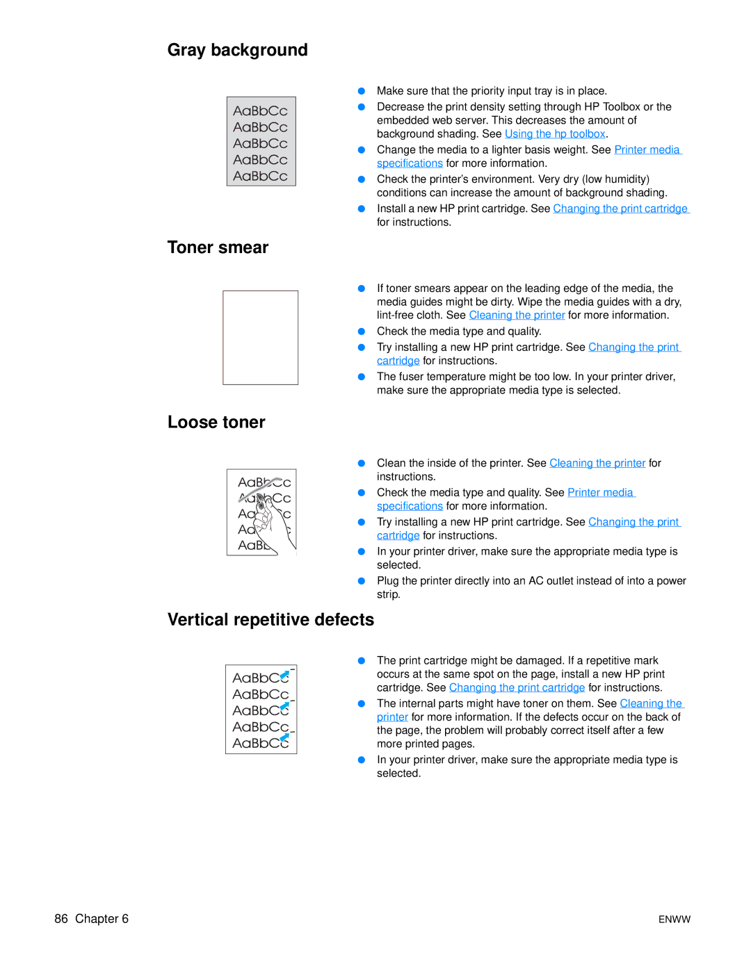 HP 1150 1300 1300n manual Gray background, Toner smear, Loose toner, Vertical repetitive defects 