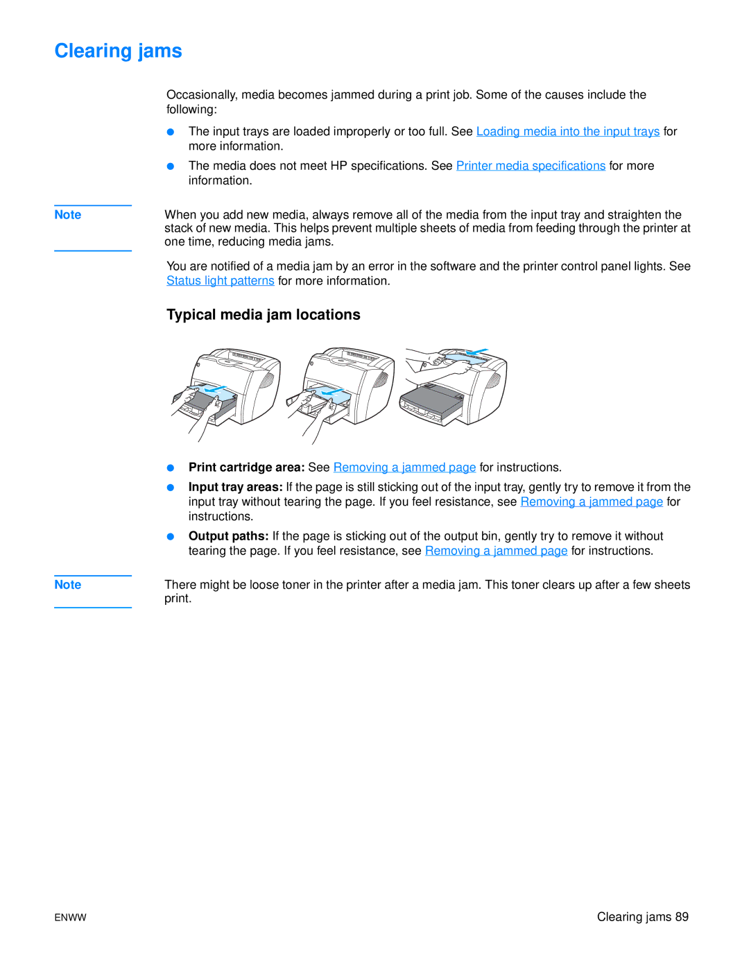 HP 1150 1300 1300n manual Clearing jams, Typical media jam locations 