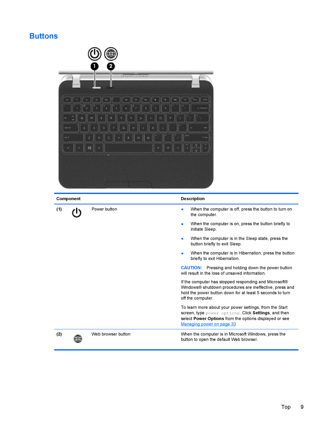 HP 11.6-Inch C2K41UA#ABA manual Buttons, Managing power on 