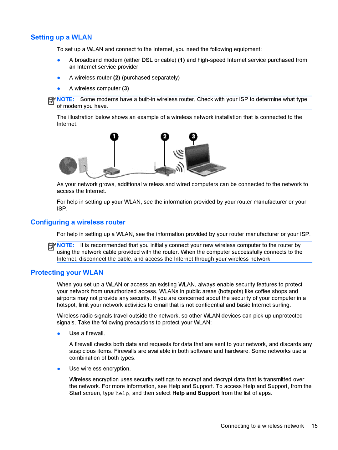 HP 11.6-Inch C2K41UA#ABA manual Setting up a Wlan, Configuring a wireless router, Protecting your Wlan 