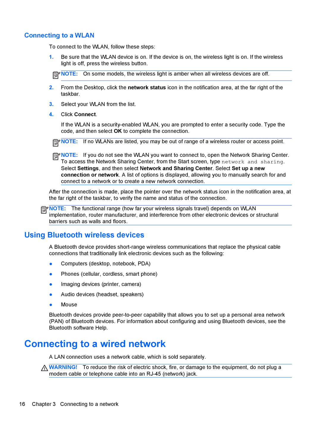 HP 11.6-Inch C2K41UA#ABA manual Connecting to a wired network, Using Bluetooth wireless devices, Connecting to a Wlan 