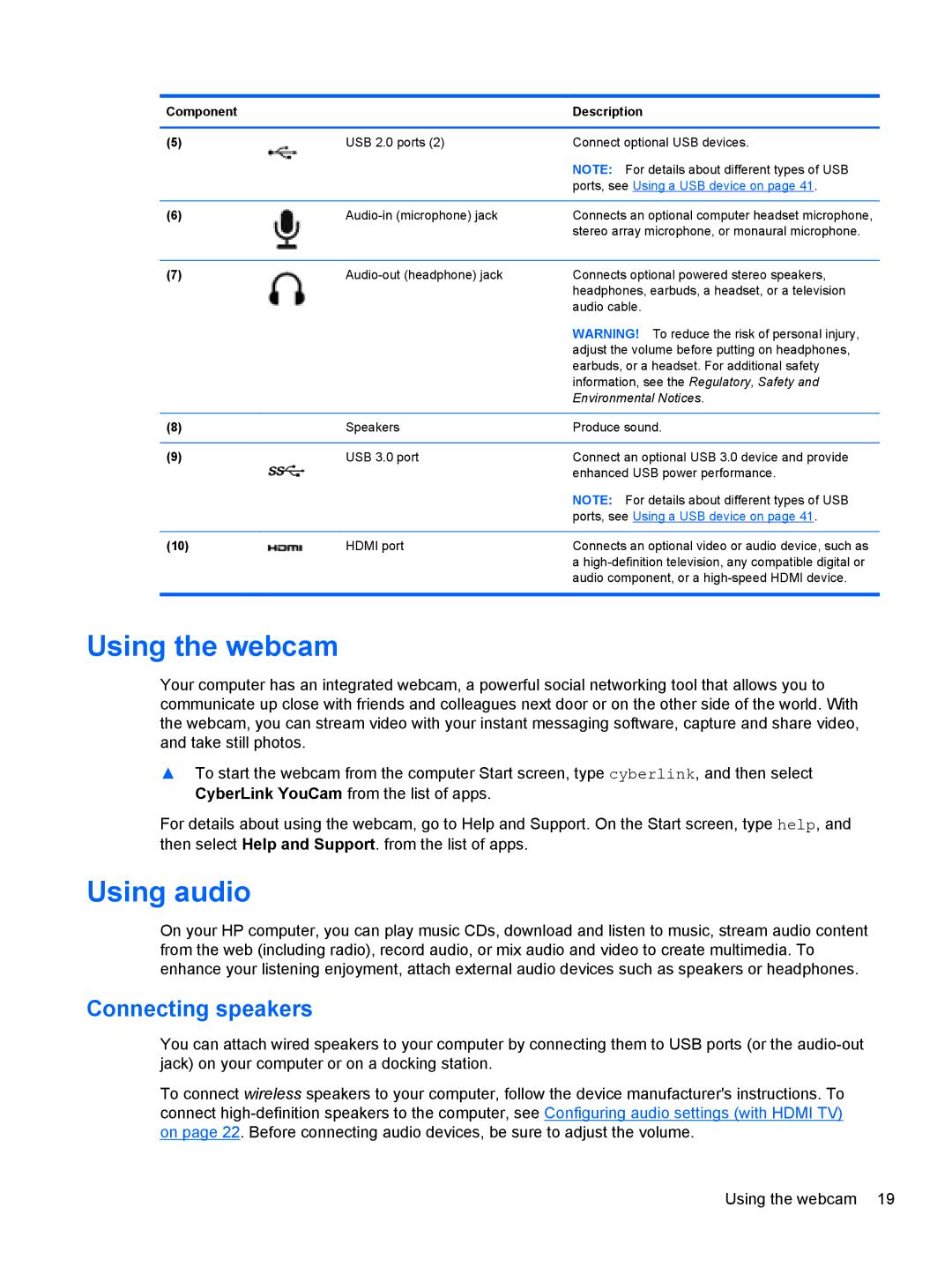 HP 11.6-Inch C2K41UA#ABA manual Using the webcam, Using audio, Connecting speakers 