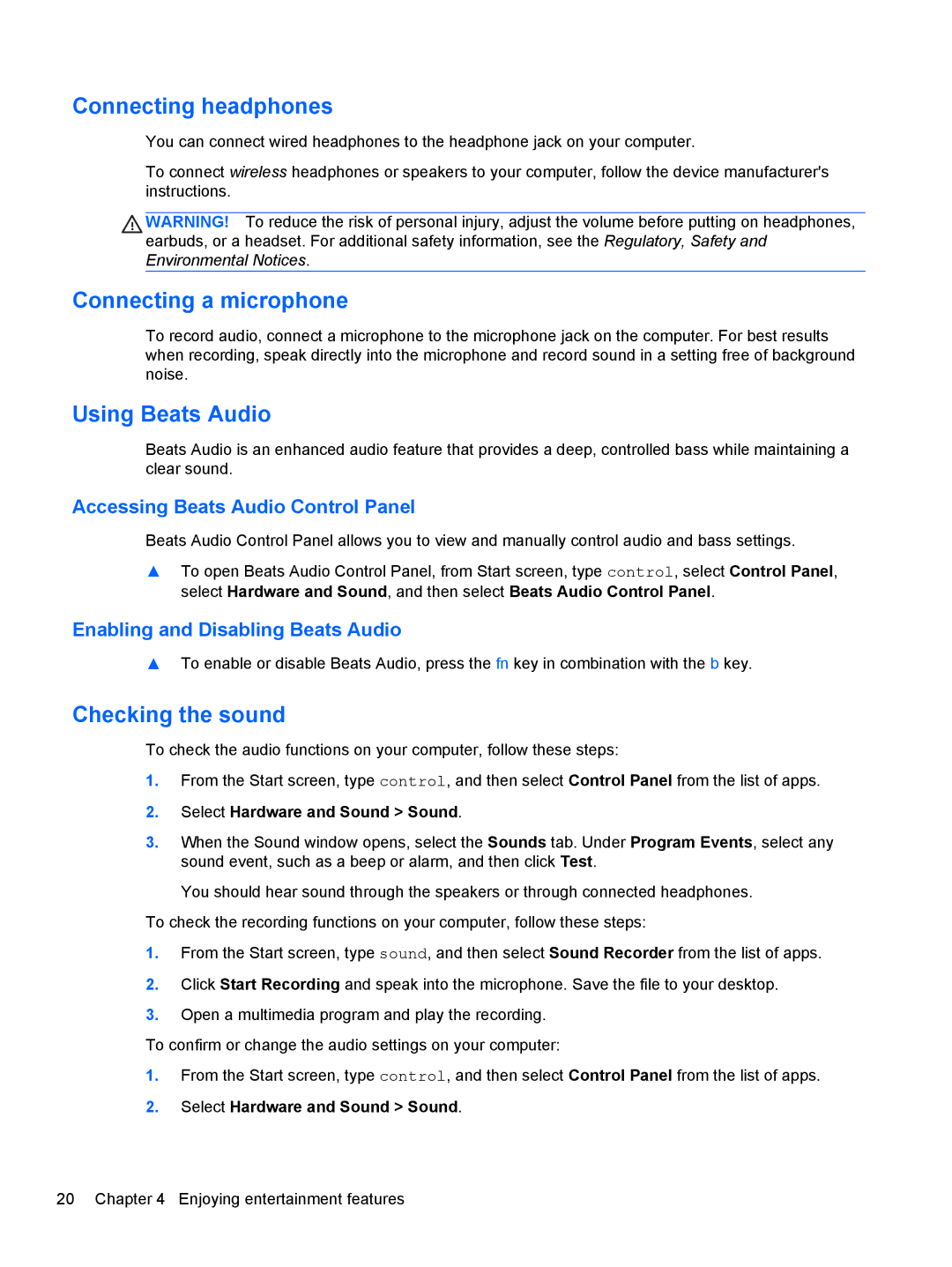 HP 11.6-Inch C2K41UA#ABA manual Connecting headphones, Connecting a microphone, Using Beats Audio, Checking the sound 