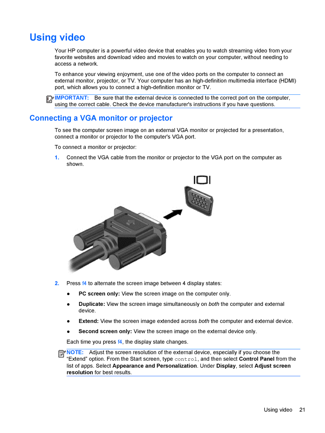 HP 11.6-Inch C2K41UA#ABA manual Using video, Connecting a VGA monitor or projector 