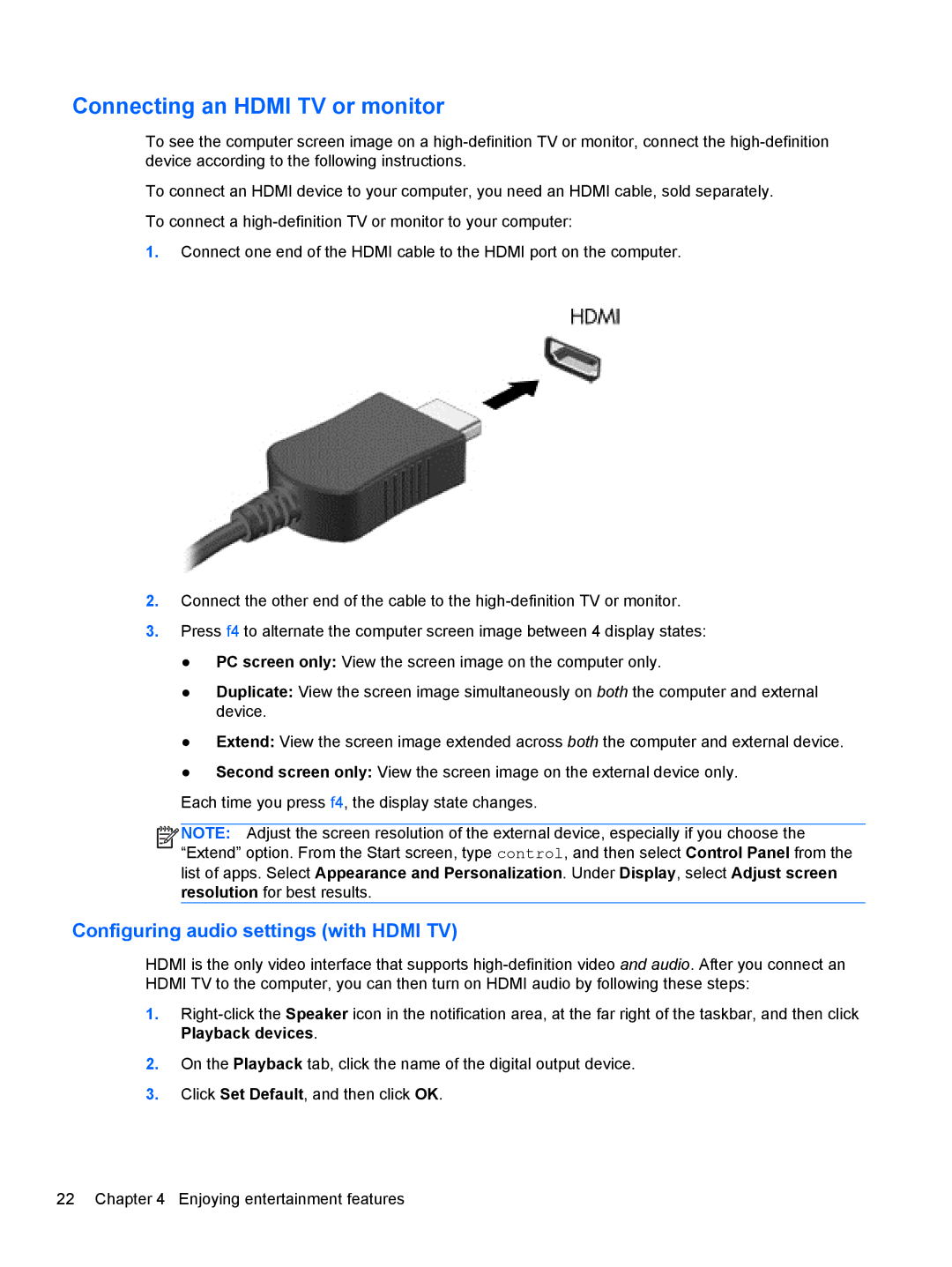 HP 11.6-Inch C2K41UA#ABA manual Connecting an Hdmi TV or monitor, Configuring audio settings with Hdmi TV 