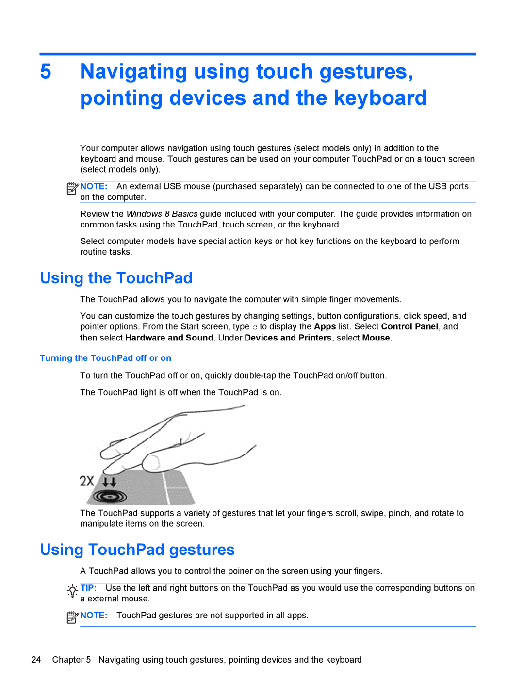 HP 11.6-Inch C2K41UA#ABA manual Using the TouchPad, Using TouchPad gestures 