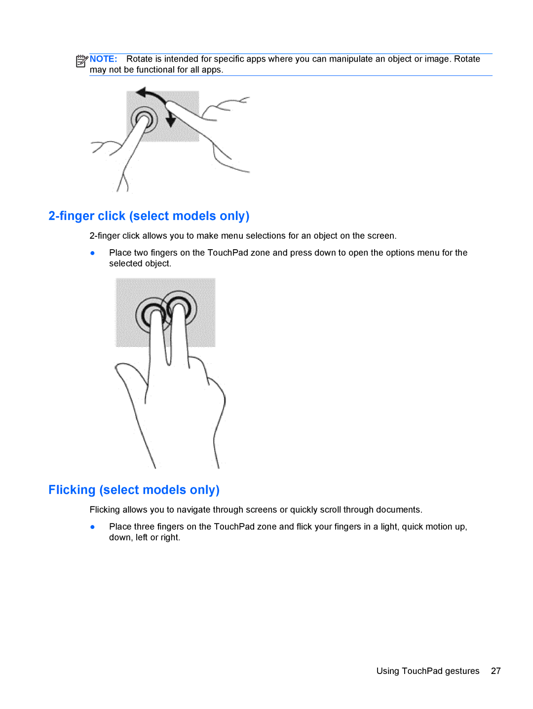 HP 11.6-Inch C2K41UA#ABA manual Finger click select models only, Flicking select models only 