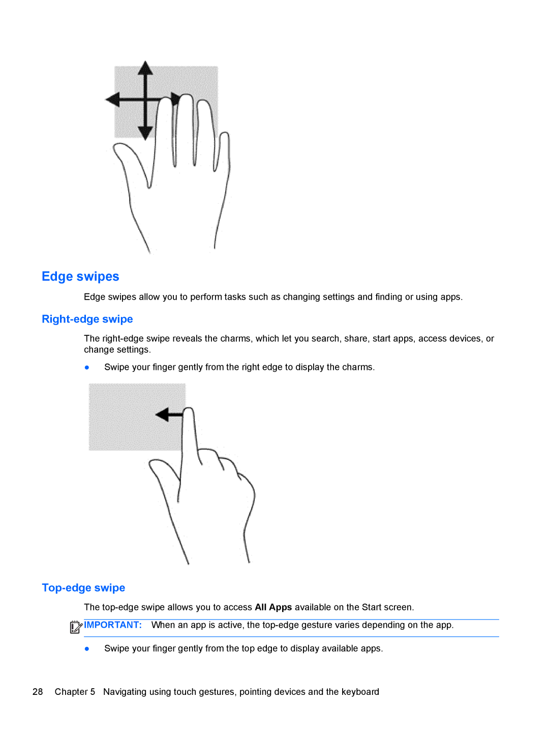 HP 11.6-Inch C2K41UA#ABA manual Edge swipes, Right-edge swipe, Top-edge swipe 