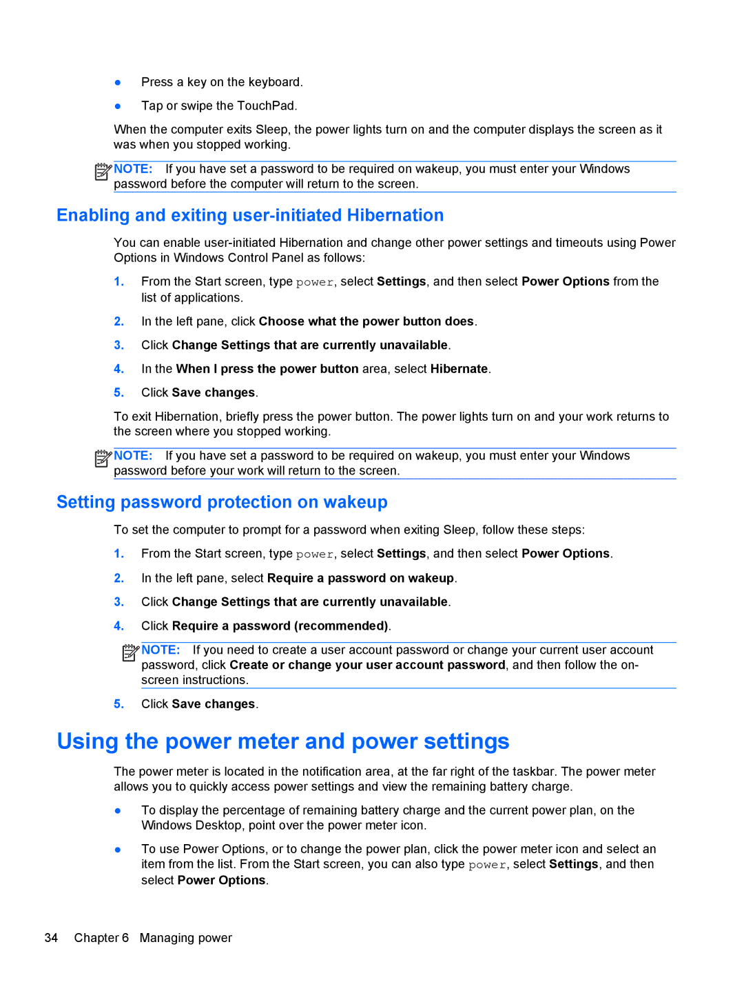 HP 11.6-Inch C2K41UA#ABA manual Using the power meter and power settings, Enabling and exiting user-initiated Hibernation 