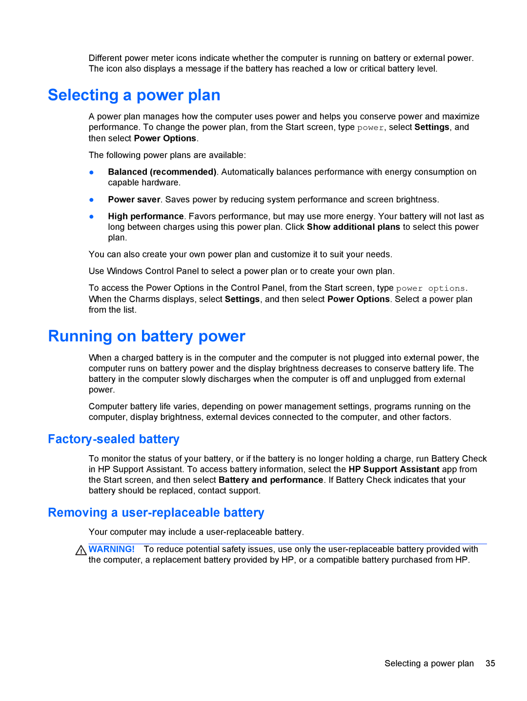 HP 11.6-Inch C2K41UA#ABA manual Selecting a power plan, Running on battery power, Factory-sealed battery 